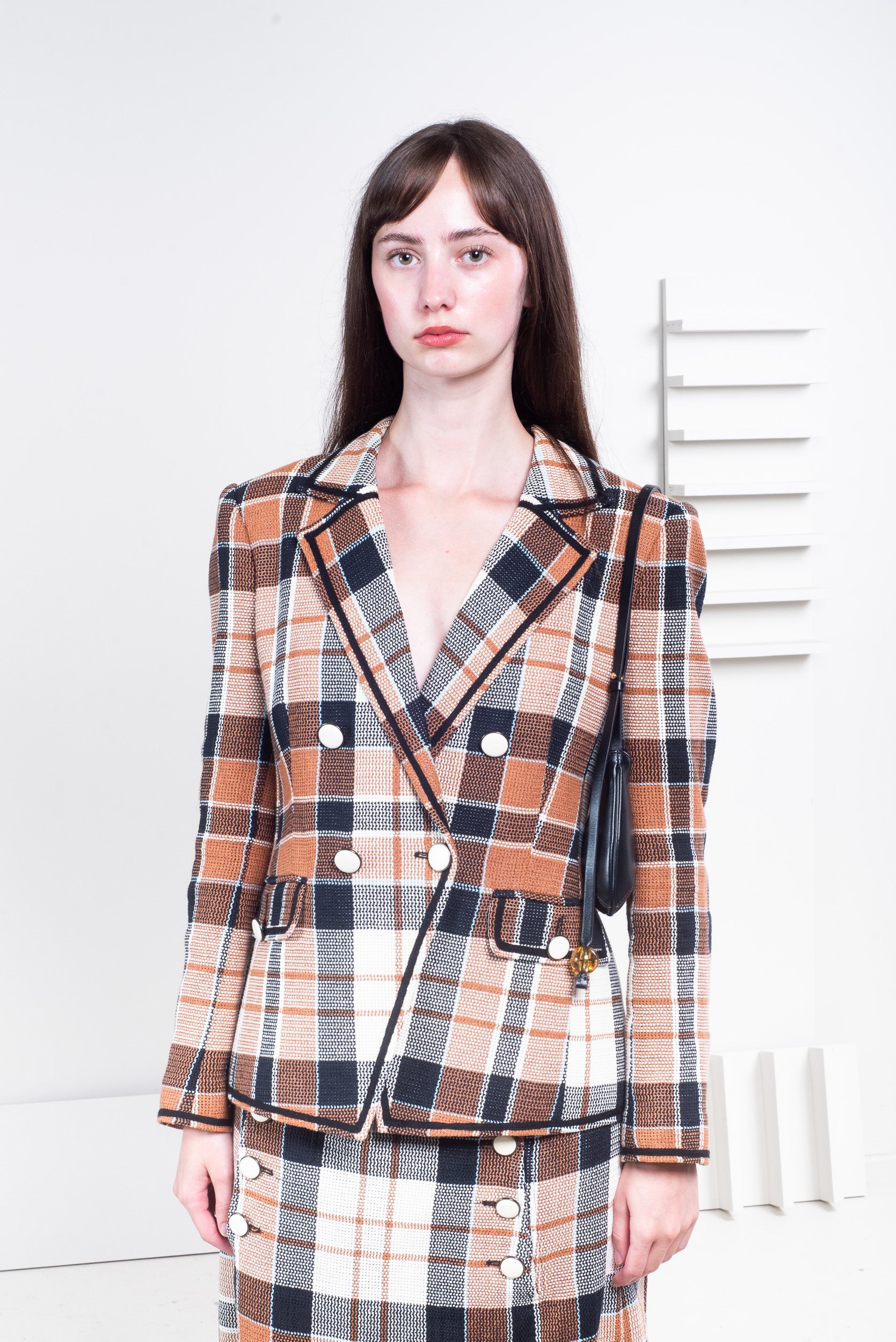 Black & Brown Plaid Printed Mini Skirt w/ White Button Detail