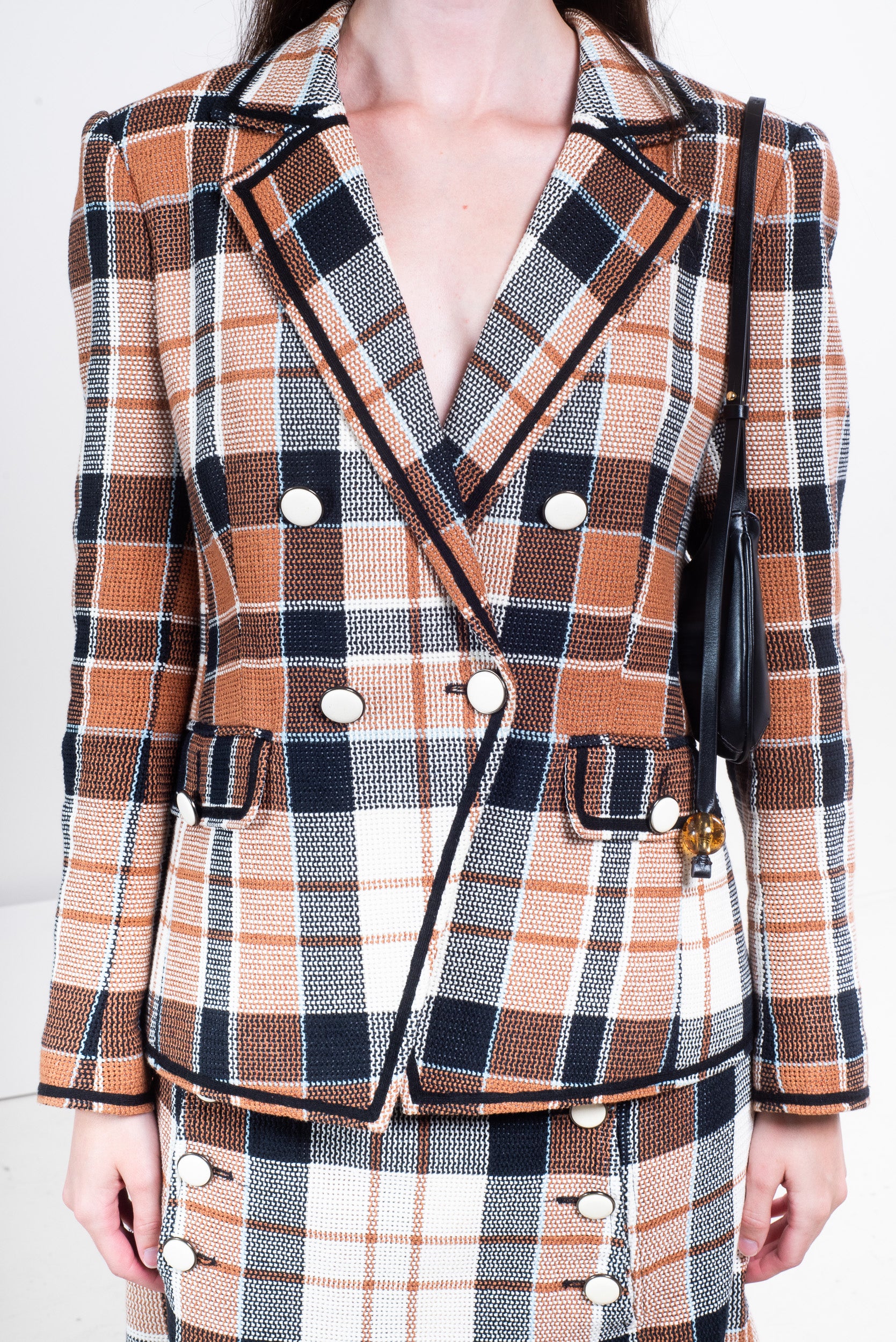 Black & Brown Plaid Printed Mini Skirt w/ White Button Detail