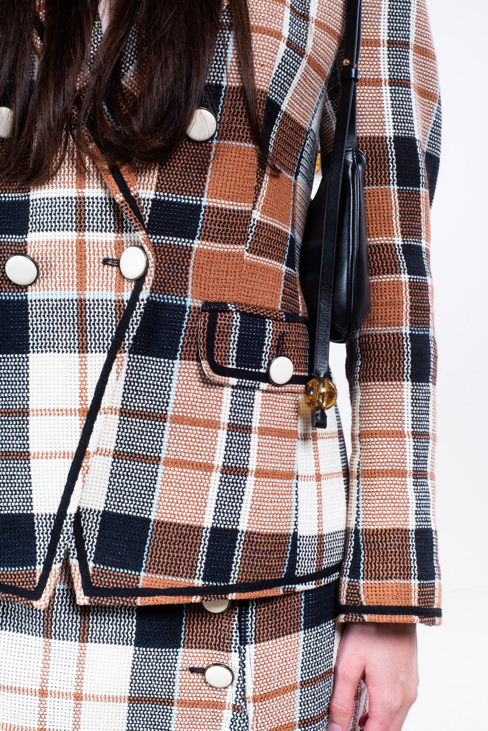 Black & Brown Plaid Printed Mini Skirt w/ White Button Detail