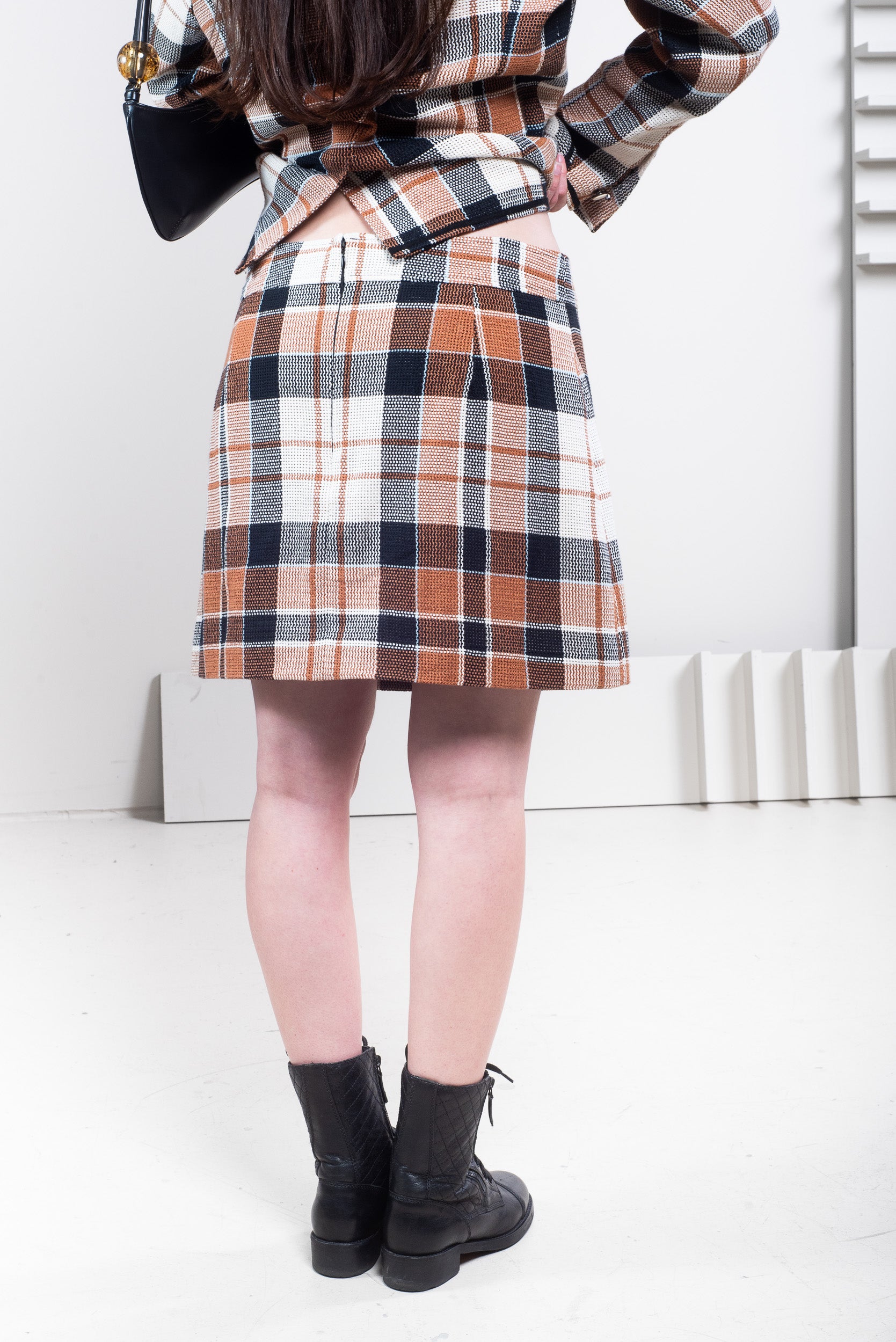 Black & Brown Plaid Printed Mini Skirt w/ White Button Detail