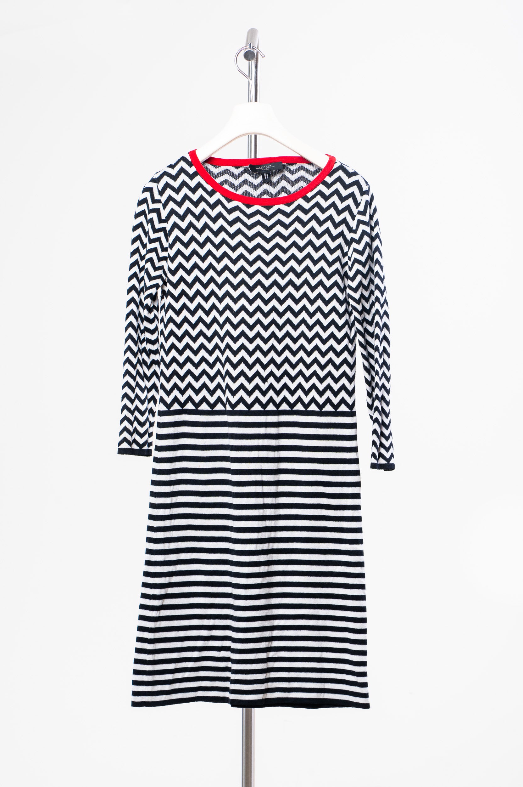 Black and White Chevron/Striped 3/4 Length Dress w/ Red Neck Detail