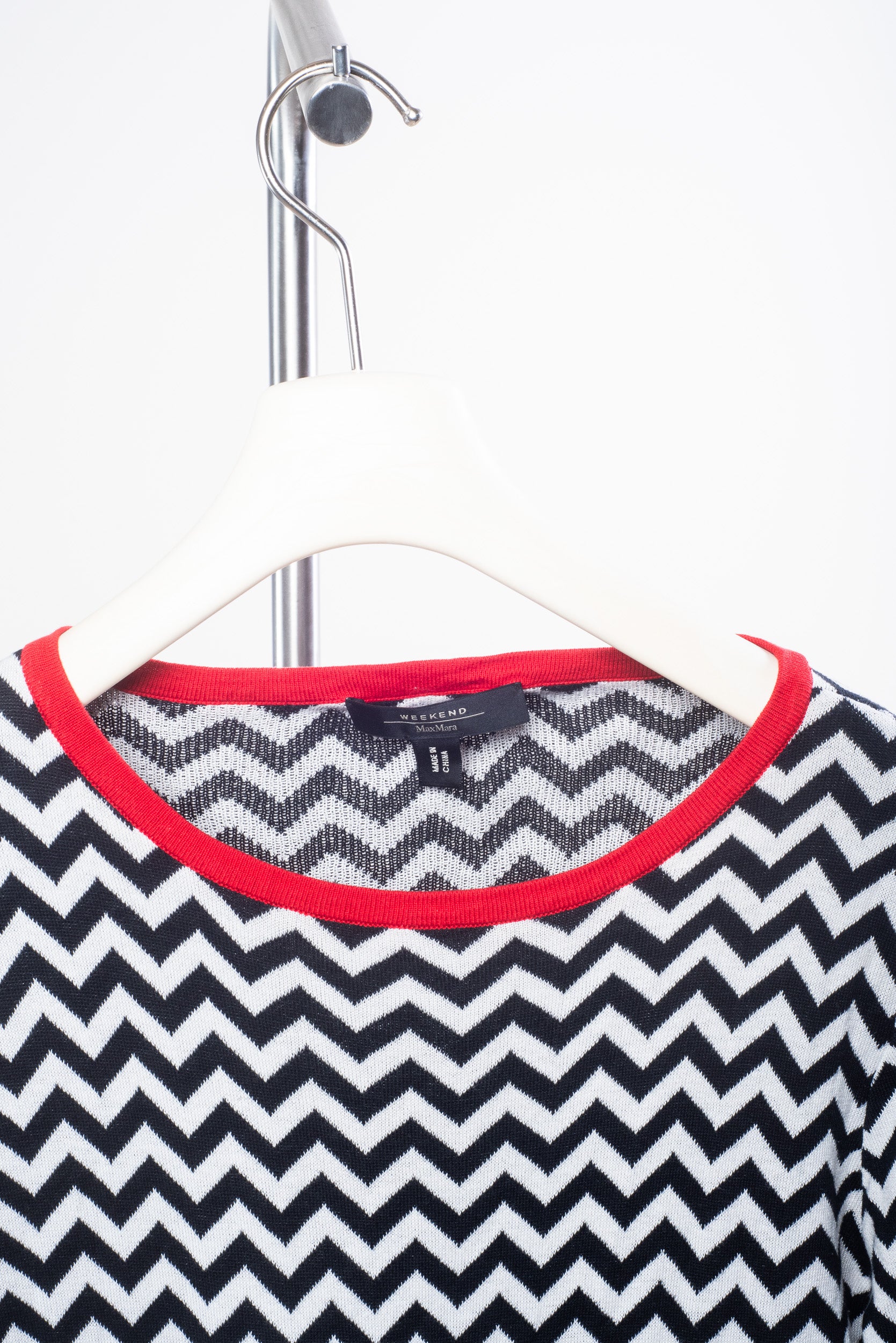 Black and White Chevron/Striped 3/4 Length Dress w/ Red Neck Detail