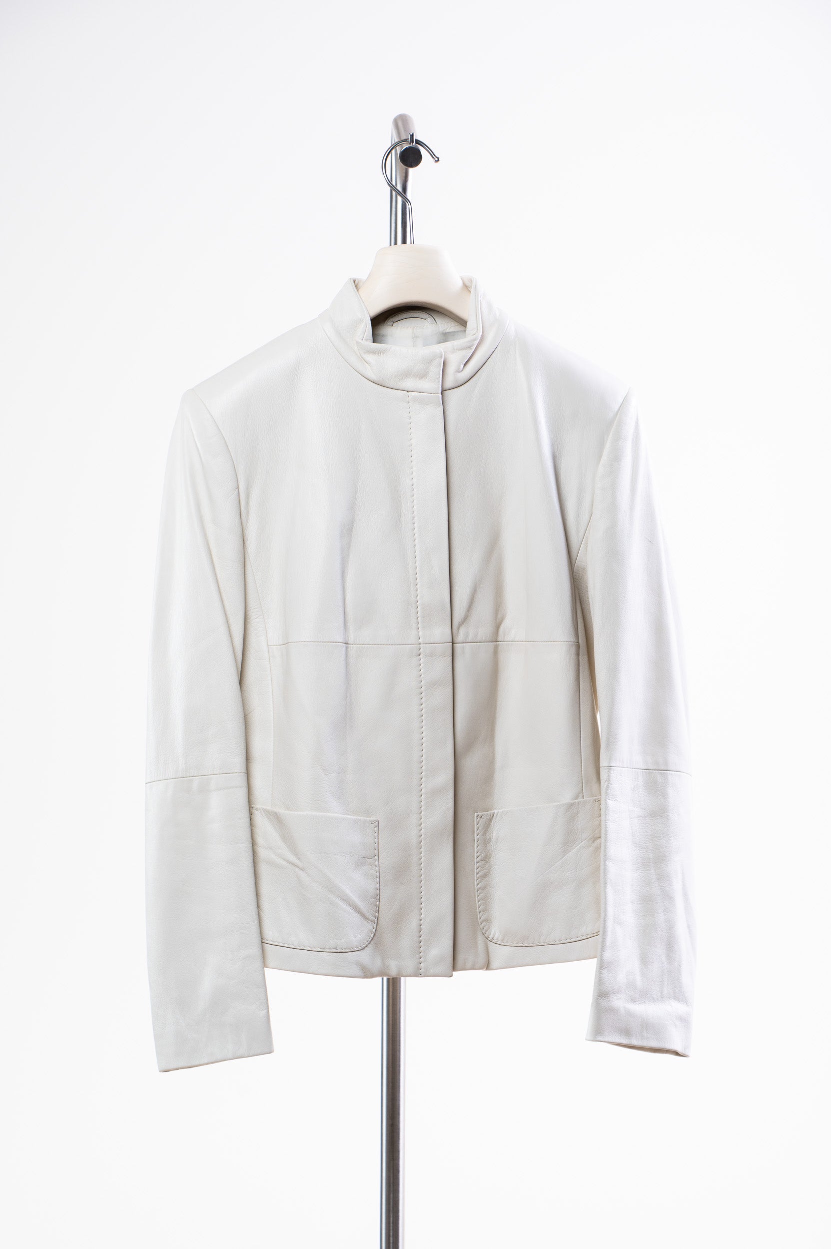 White Leather Funnel Neck Jacket