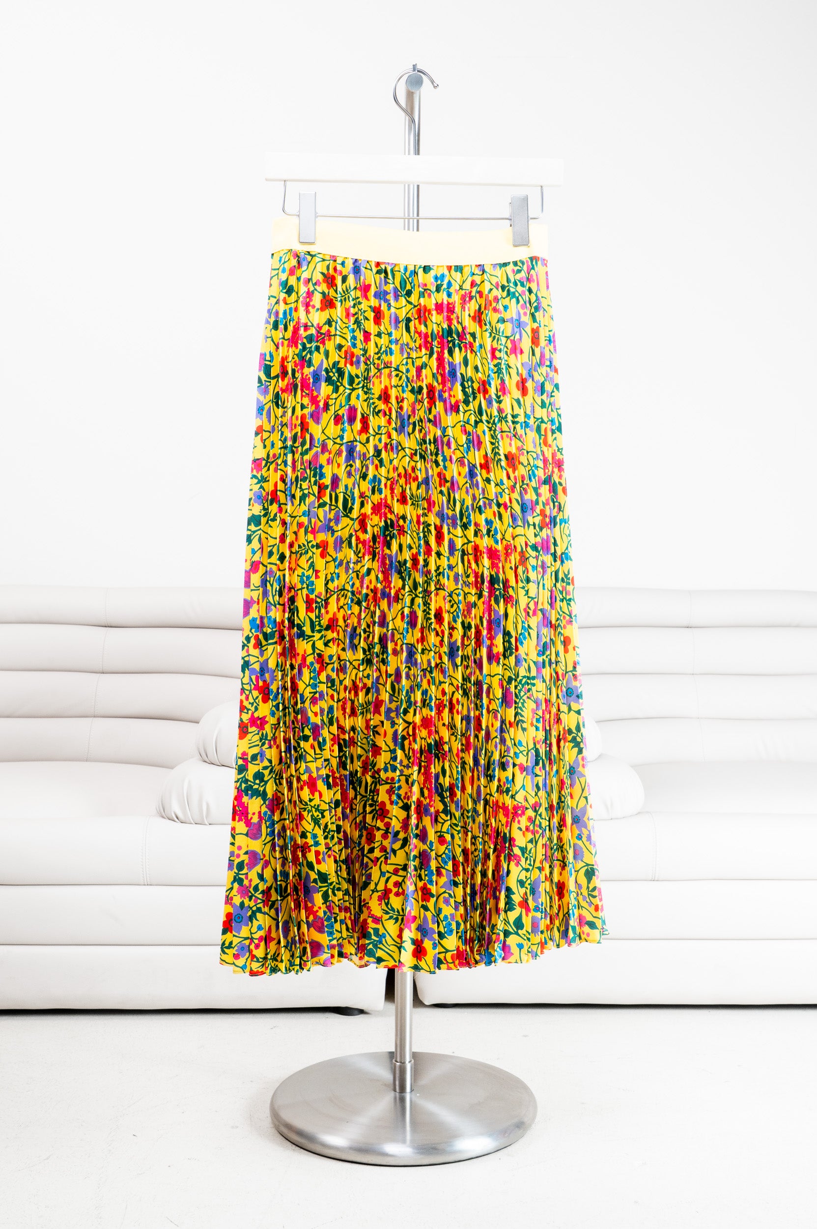 Yellow Floral Print Pleated Midi Skirt