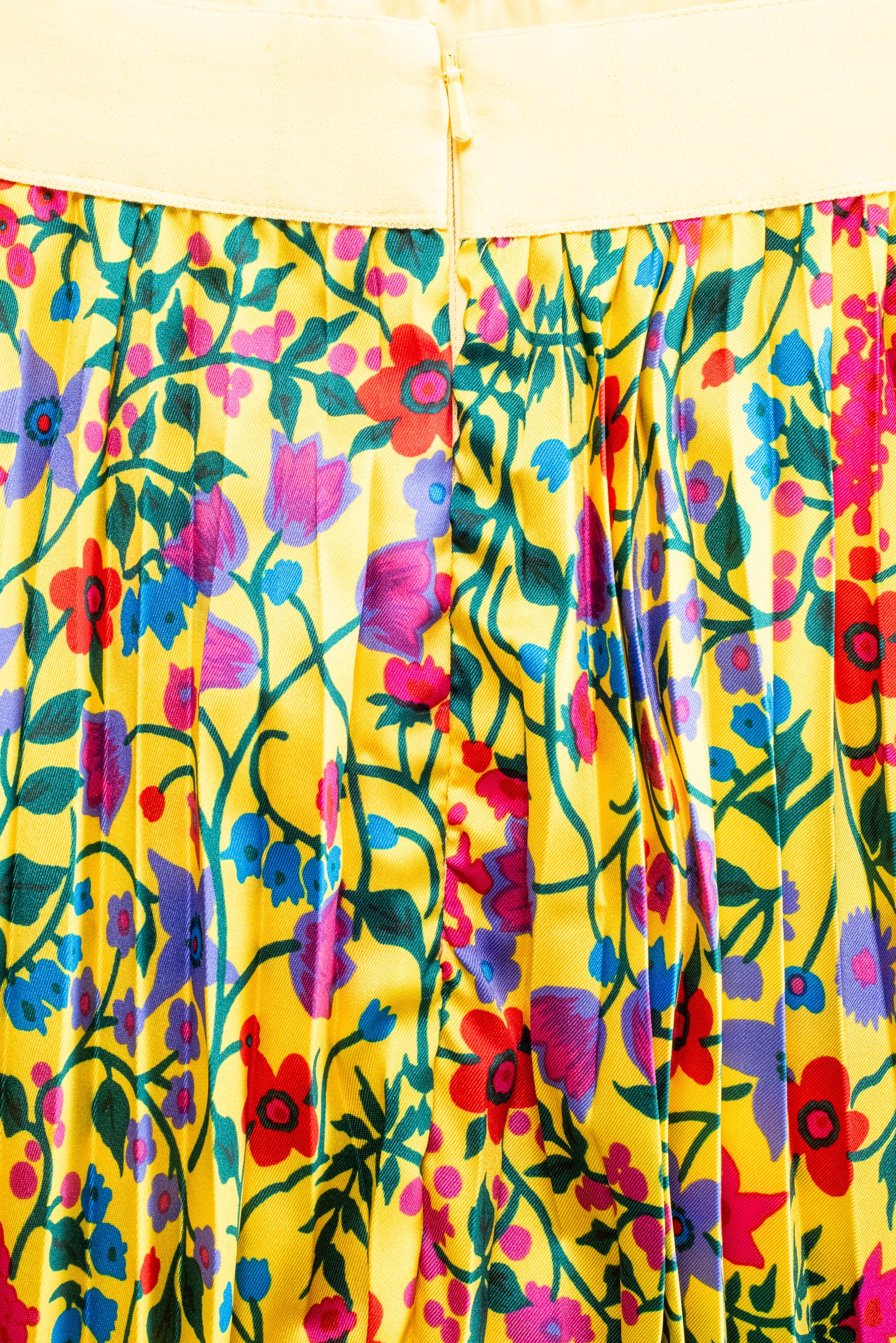 Yellow Floral Print Pleated Midi Skirt