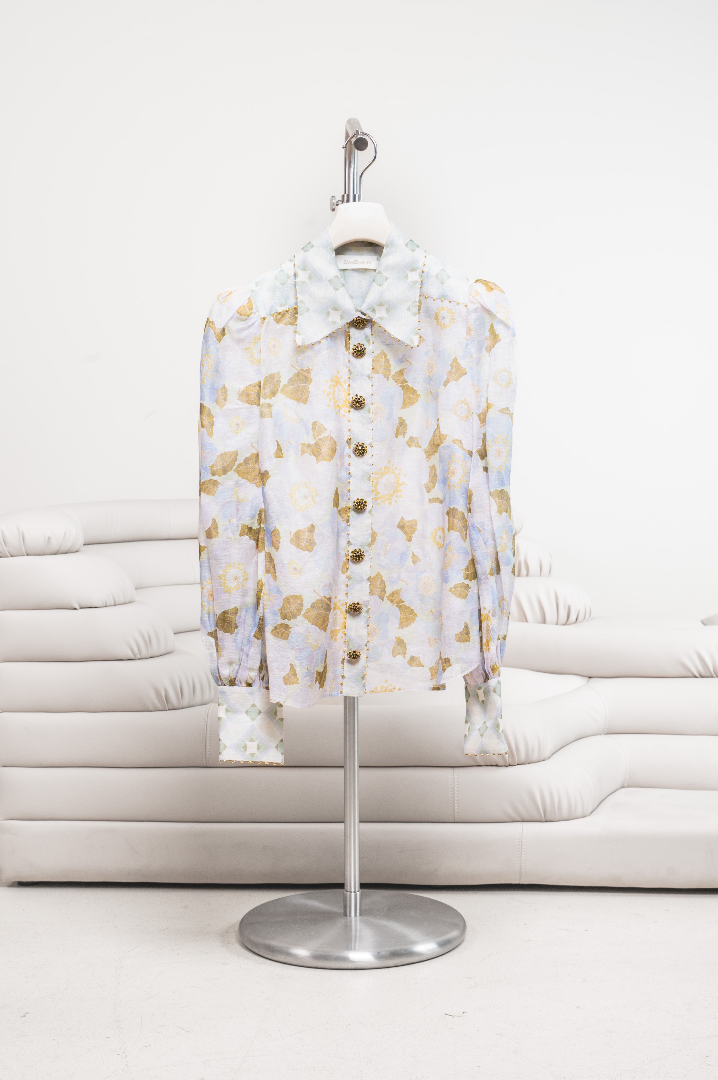 Blue Floral Print & Crystal Embellishment Button-Up Blouse