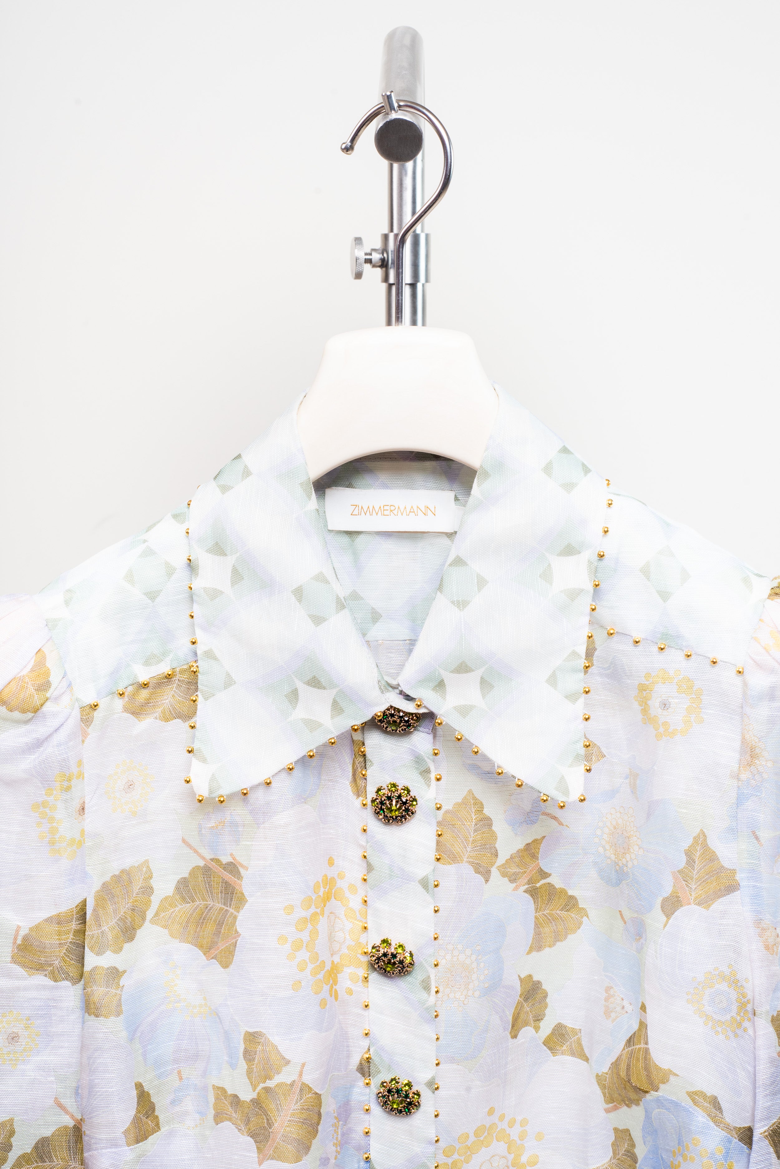 Blue Floral Print & Crystal Embellishment Button-Up Blouse
