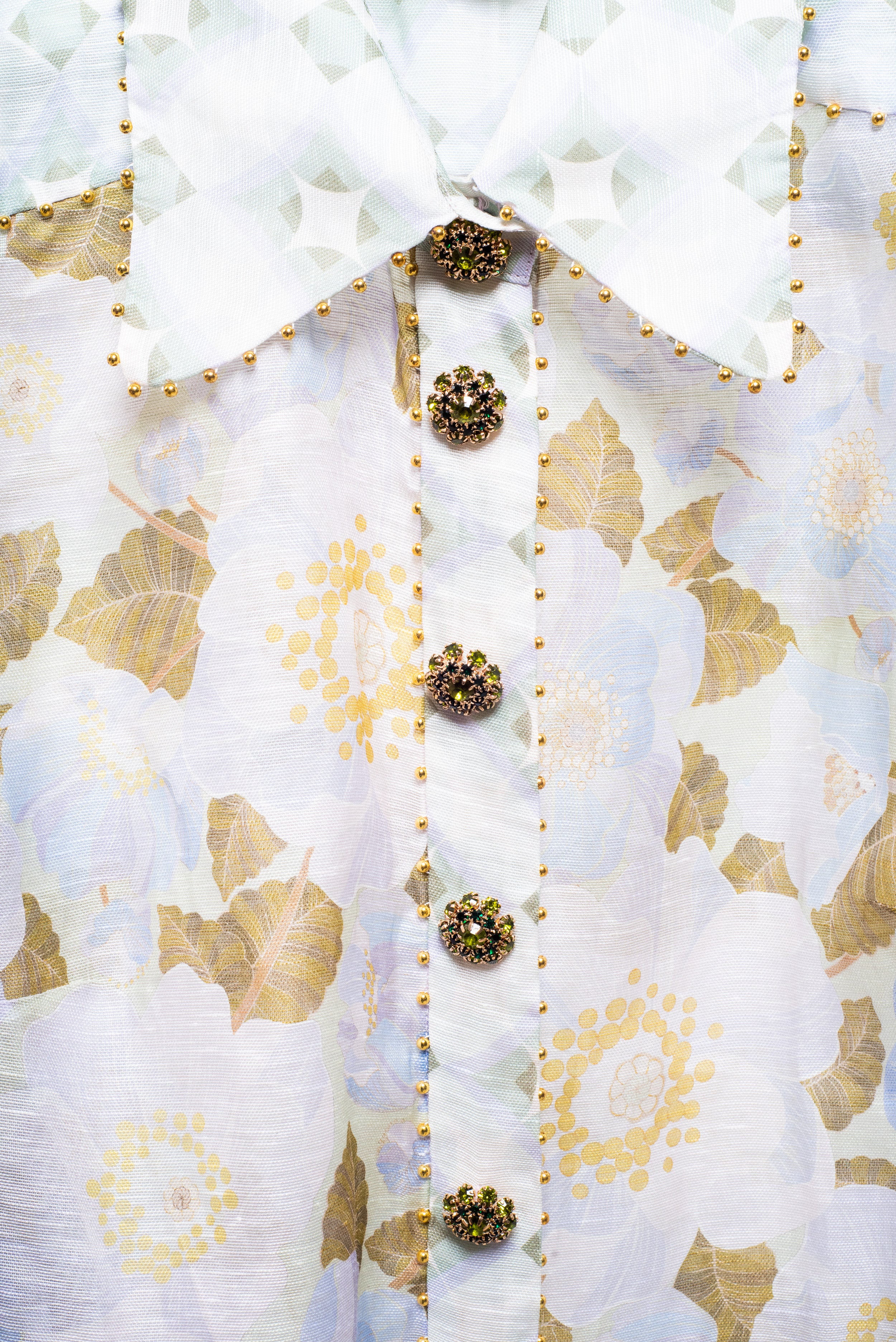 Blue Floral Print & Crystal Embellishment Button-Up Blouse