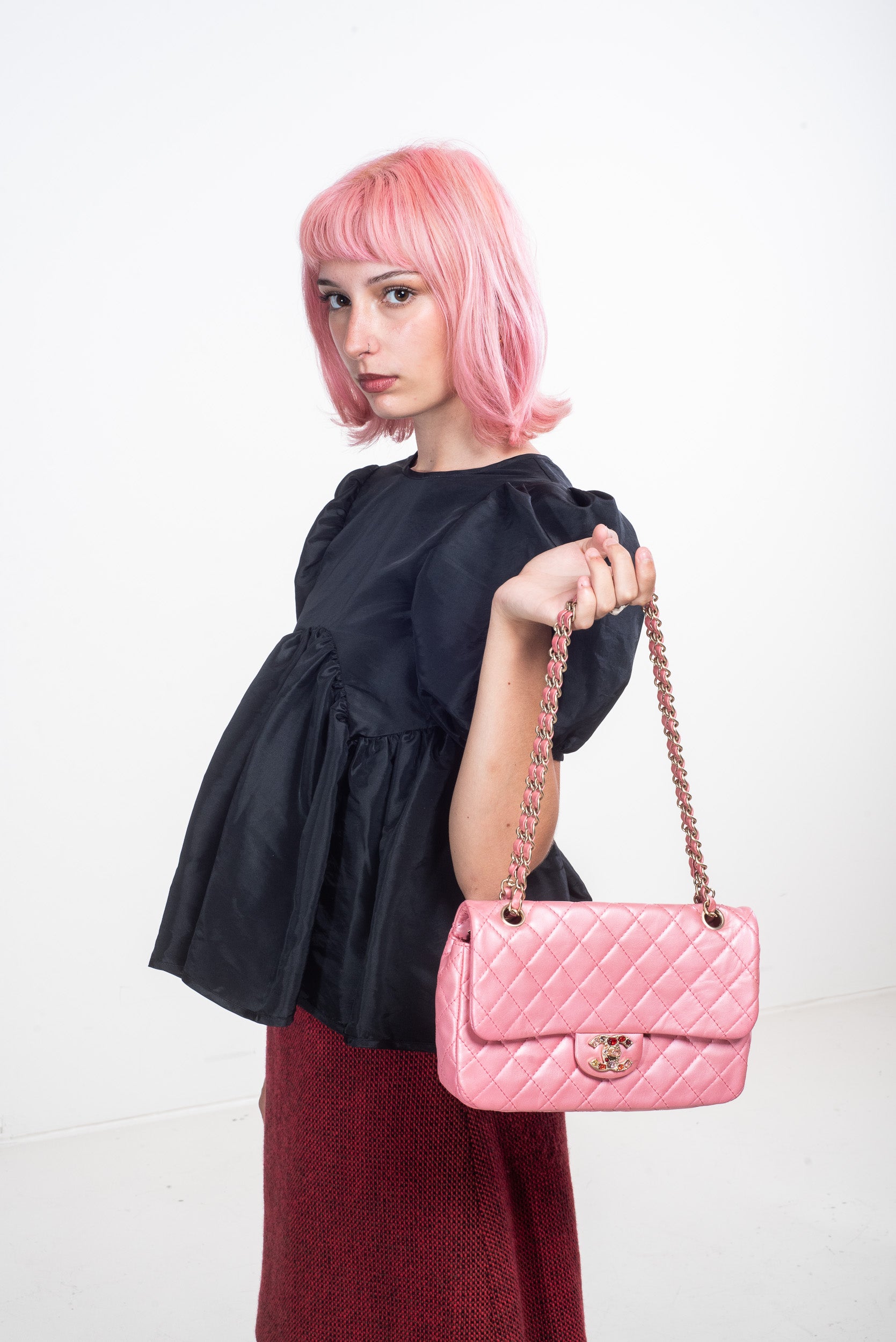 Medium Pink Lambskin Precious Jewel Single Flap Bag