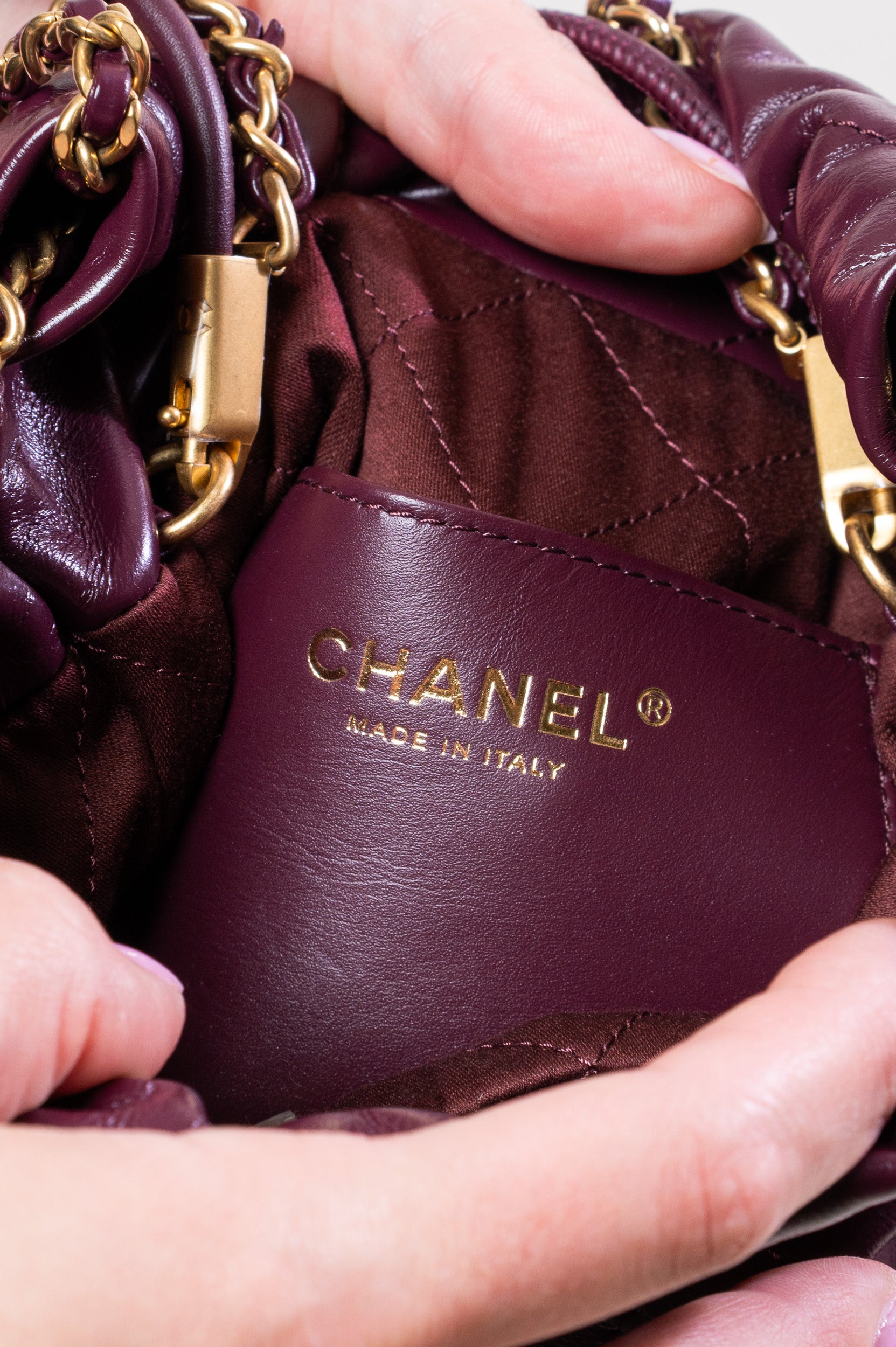 Additional inside view of Chanel Mini Burgundy Calfskin 22 Hobo Bag
