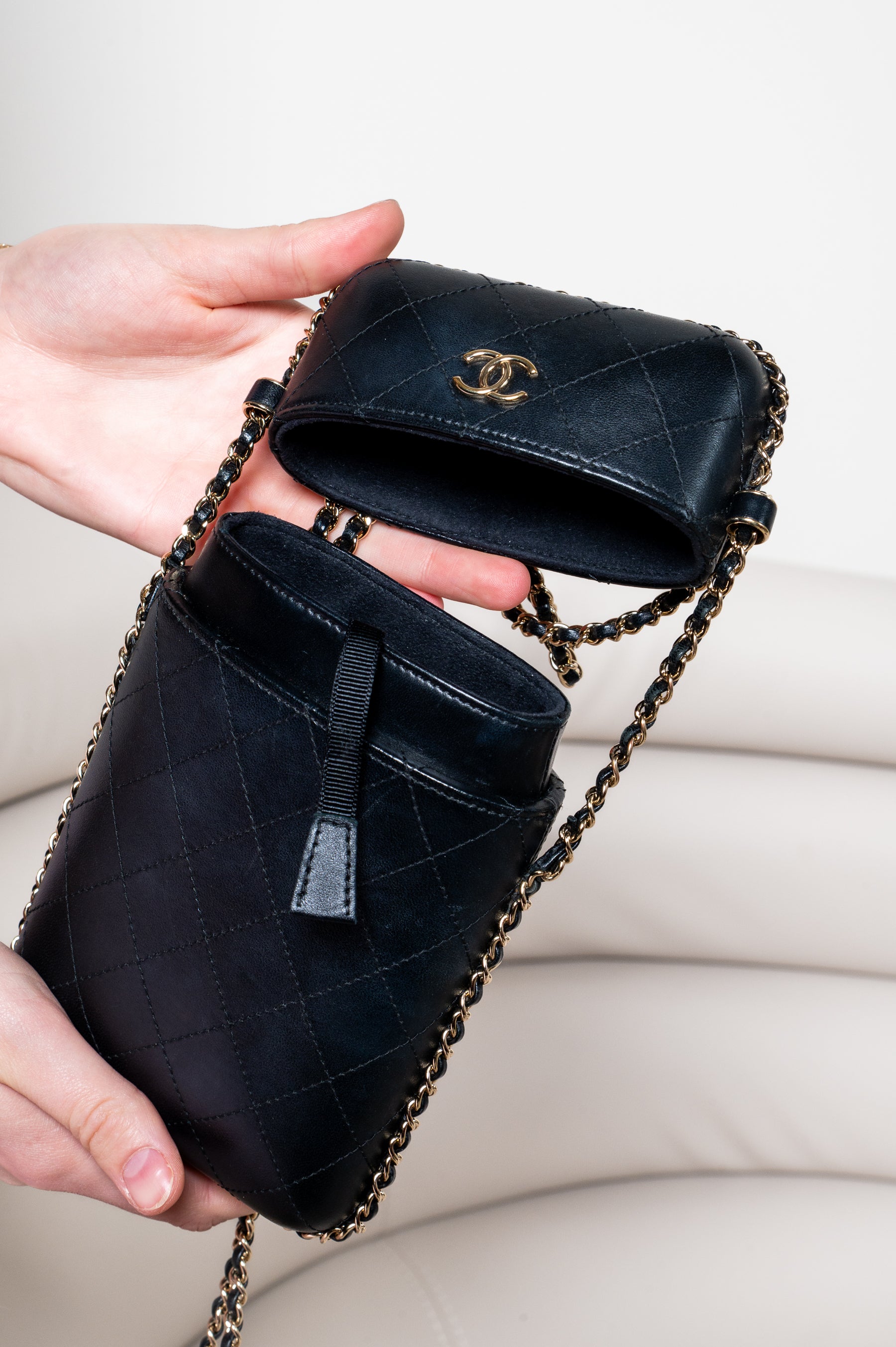 Black Lambskin Chain Around Phone Holder Crossbody