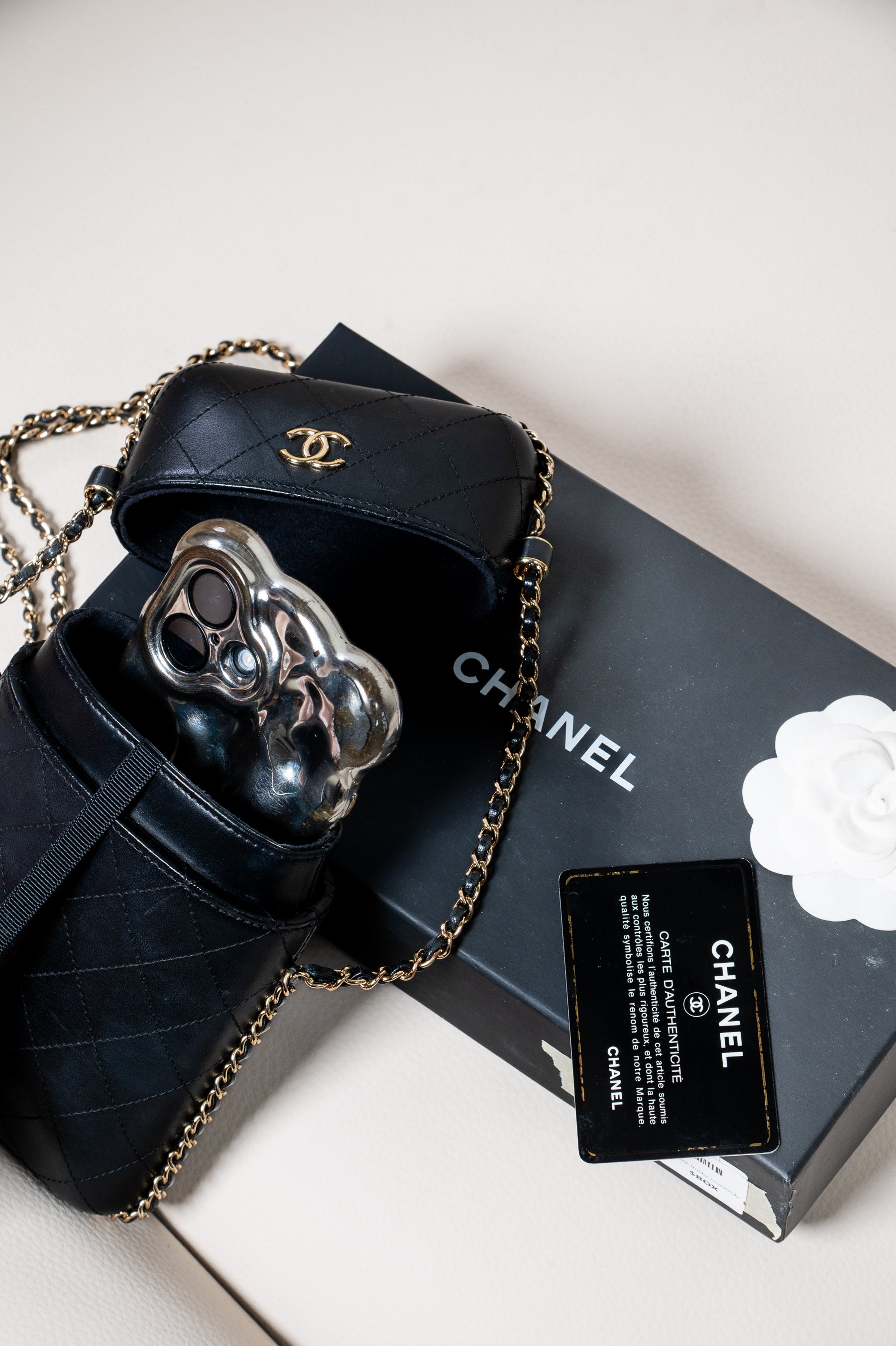 Black Lambskin Chain Around Phone Holder Crossbody