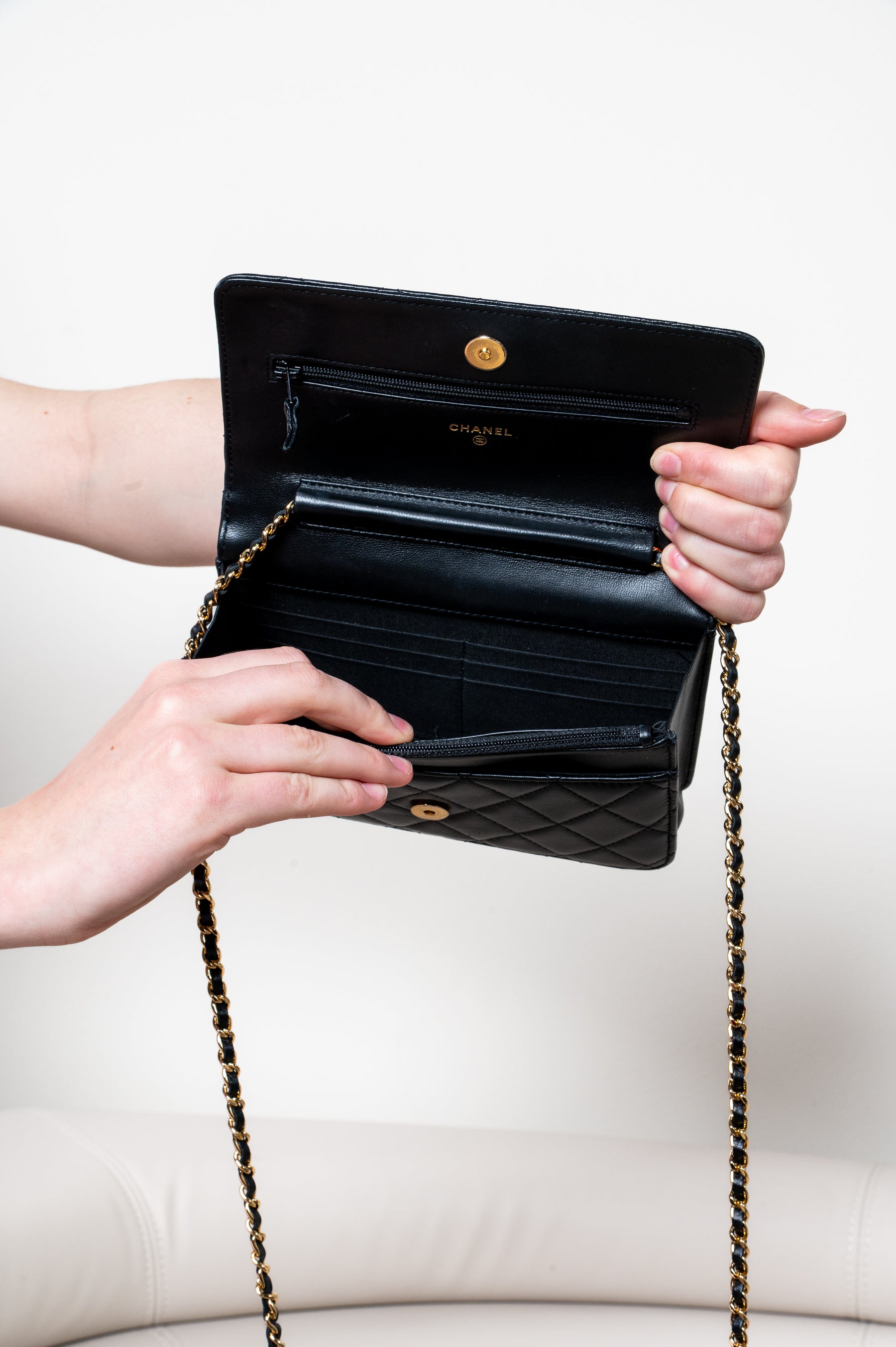 Black Lambskin Crystal CC Wallet On Chain