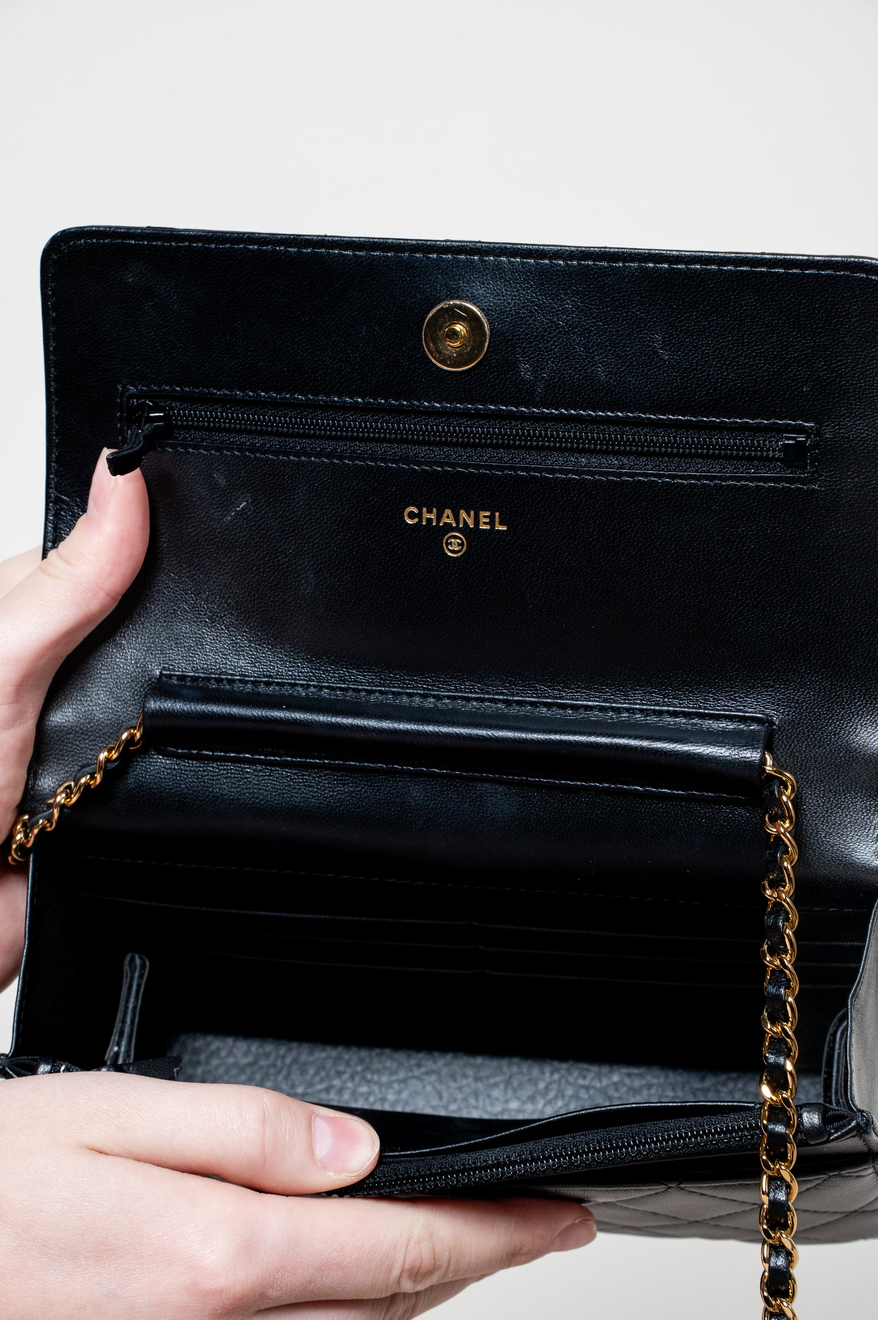 Black Lambskin Crystal CC Wallet On Chain