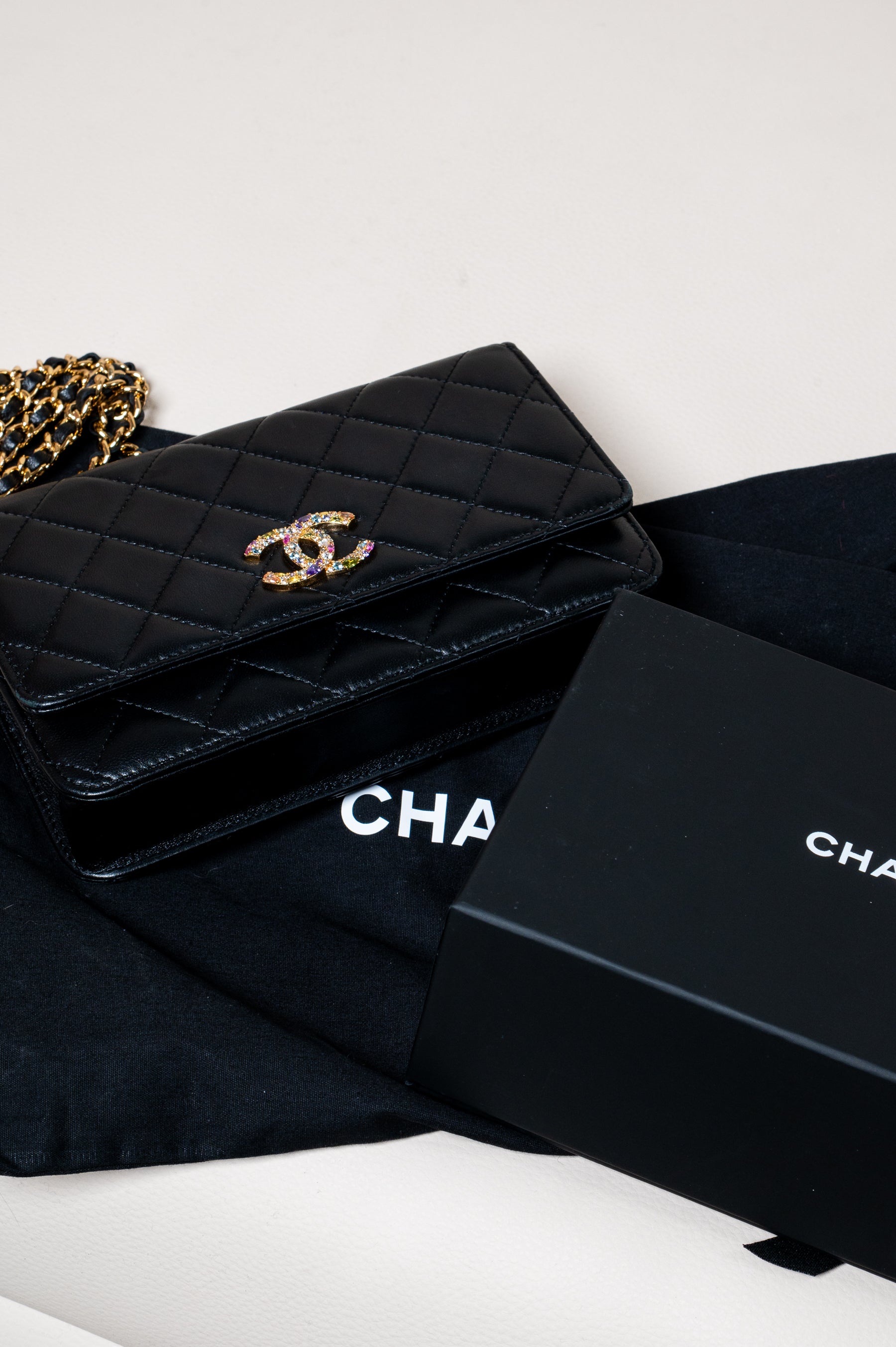 Black Lambskin Crystal CC Wallet On Chain