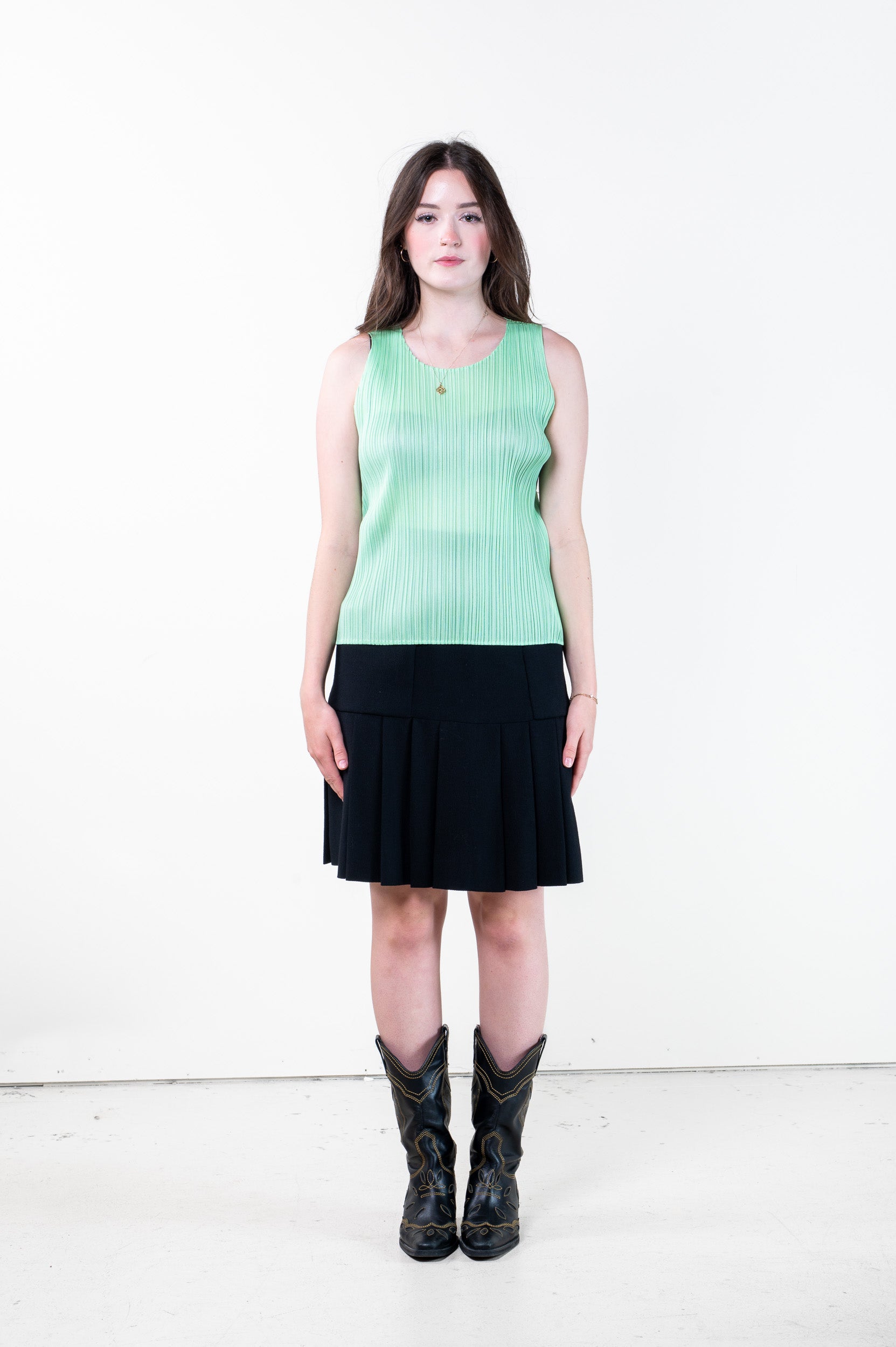 Front view of PLEATS PLEASE ISSEY MIYAKE Mint Crew Neck Pleated Tank