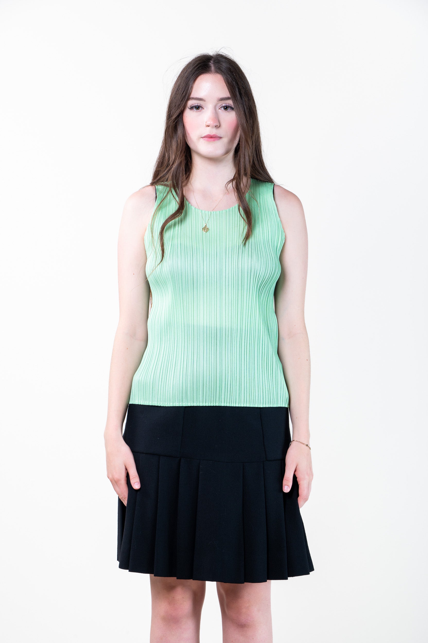 Additional front view of PLEATS PLEASE ISSEY MIYAKE Mint Crew Neck Pleated Tank
