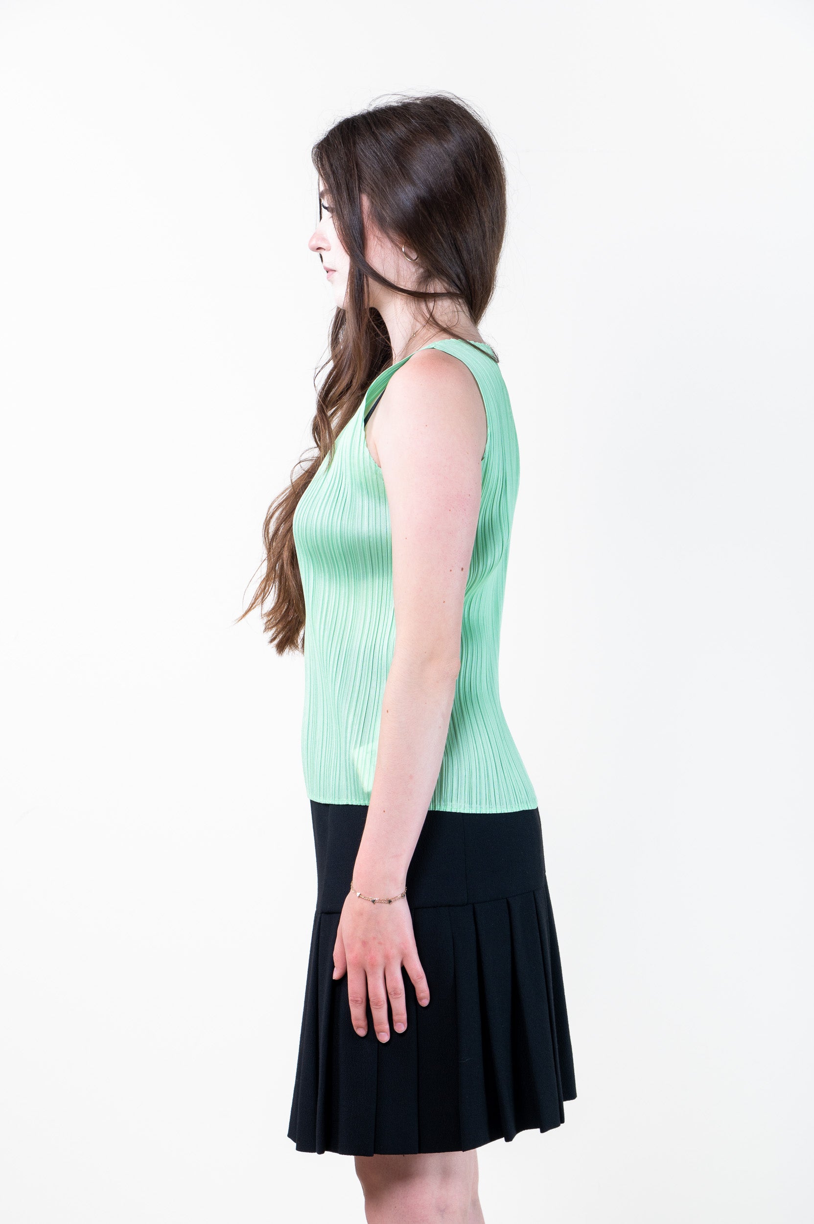 Side view of PLEATS PLEASE ISSEY MIYAKE Mint Crew Neck Pleated Tank