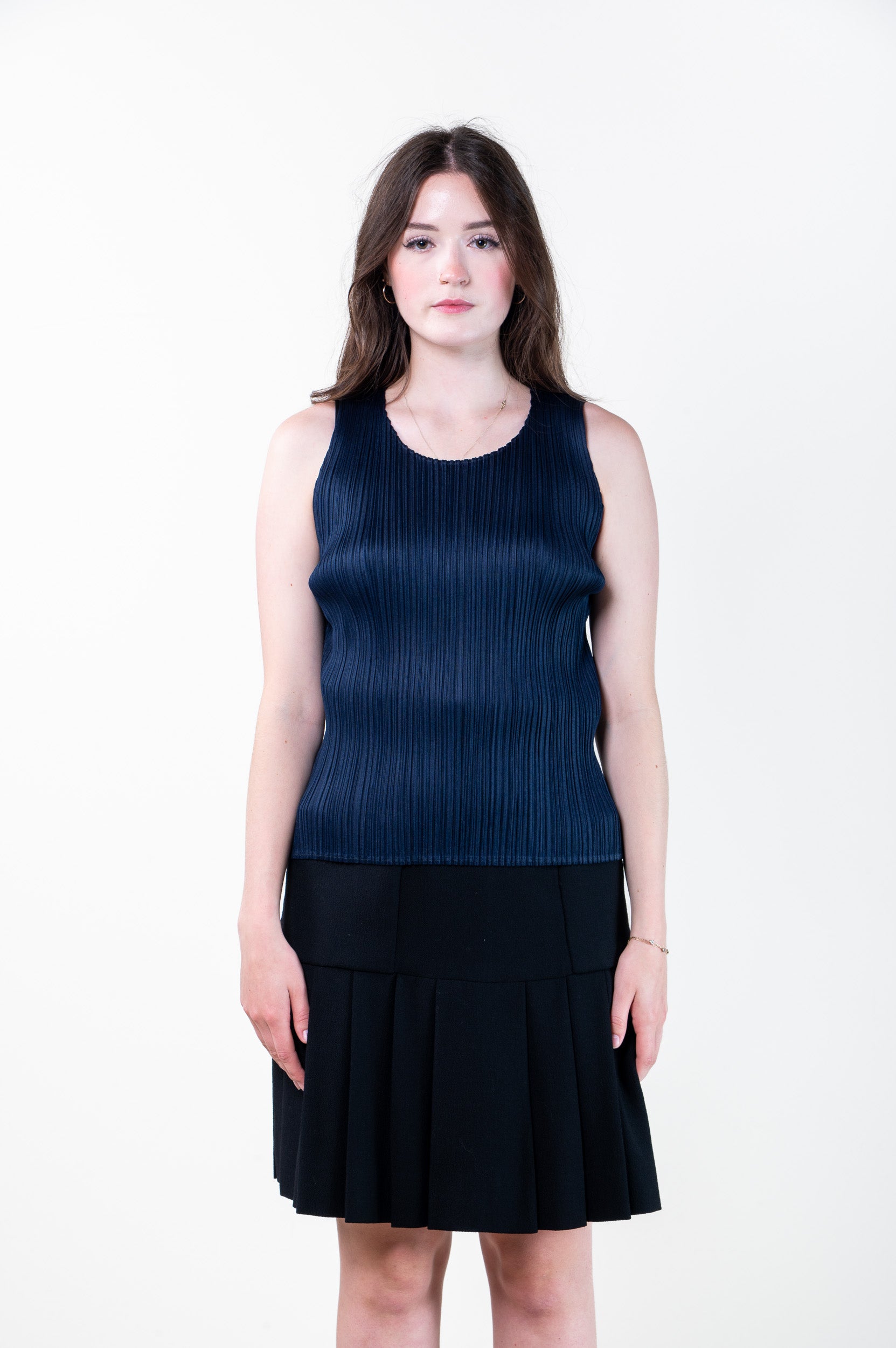 Front view of PLEATS PLEASE ISSEY MIYAKE Navy Crew Neck Pleated Tank