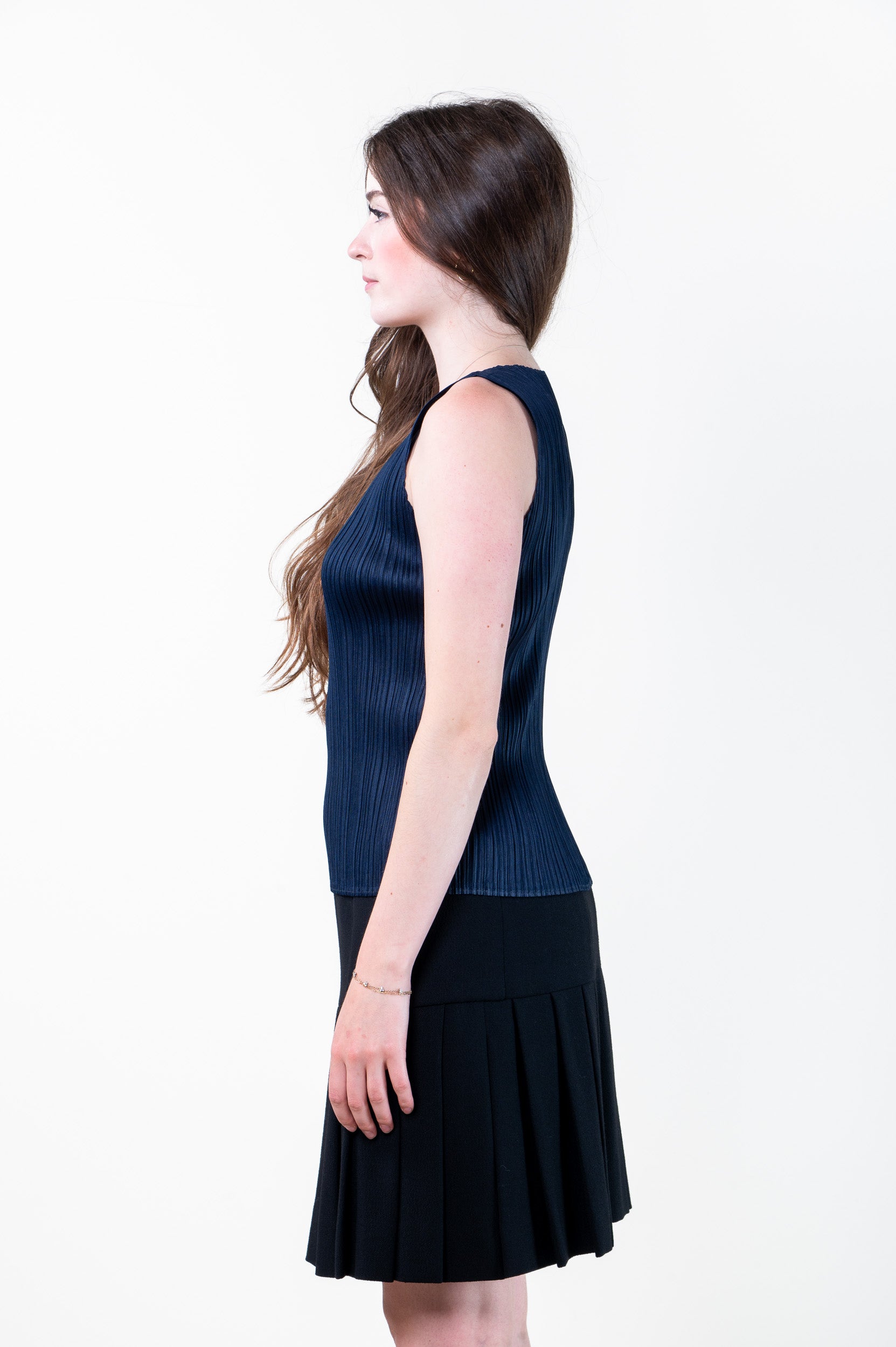 Side view of PLEATS PLEASE ISSEY MIYAKE Navy Crew Neck Pleated Tank