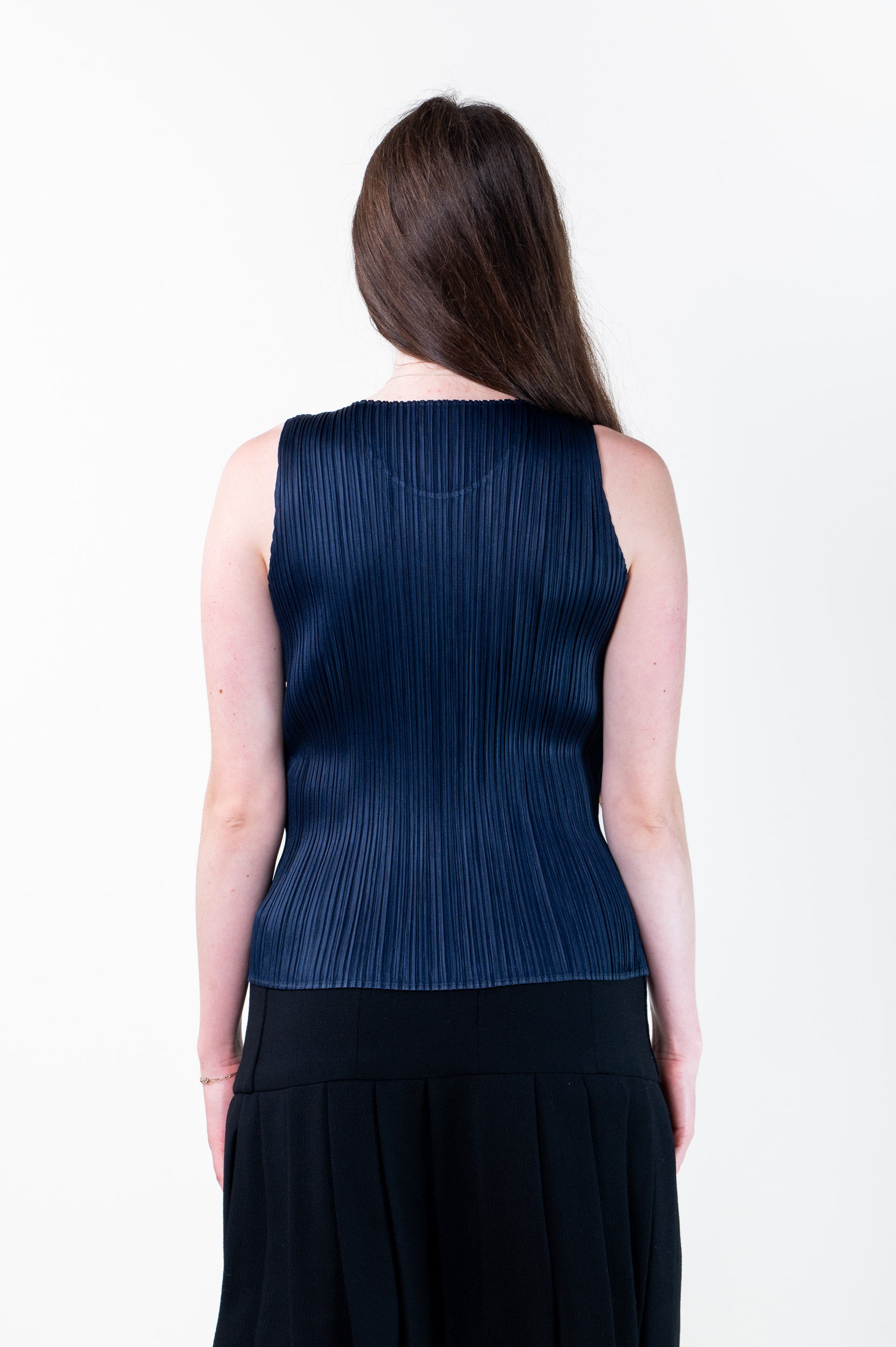 Back view of PLEATS PLEASE ISSEY MIYAKE Navy Crew Neck Pleated Tank
