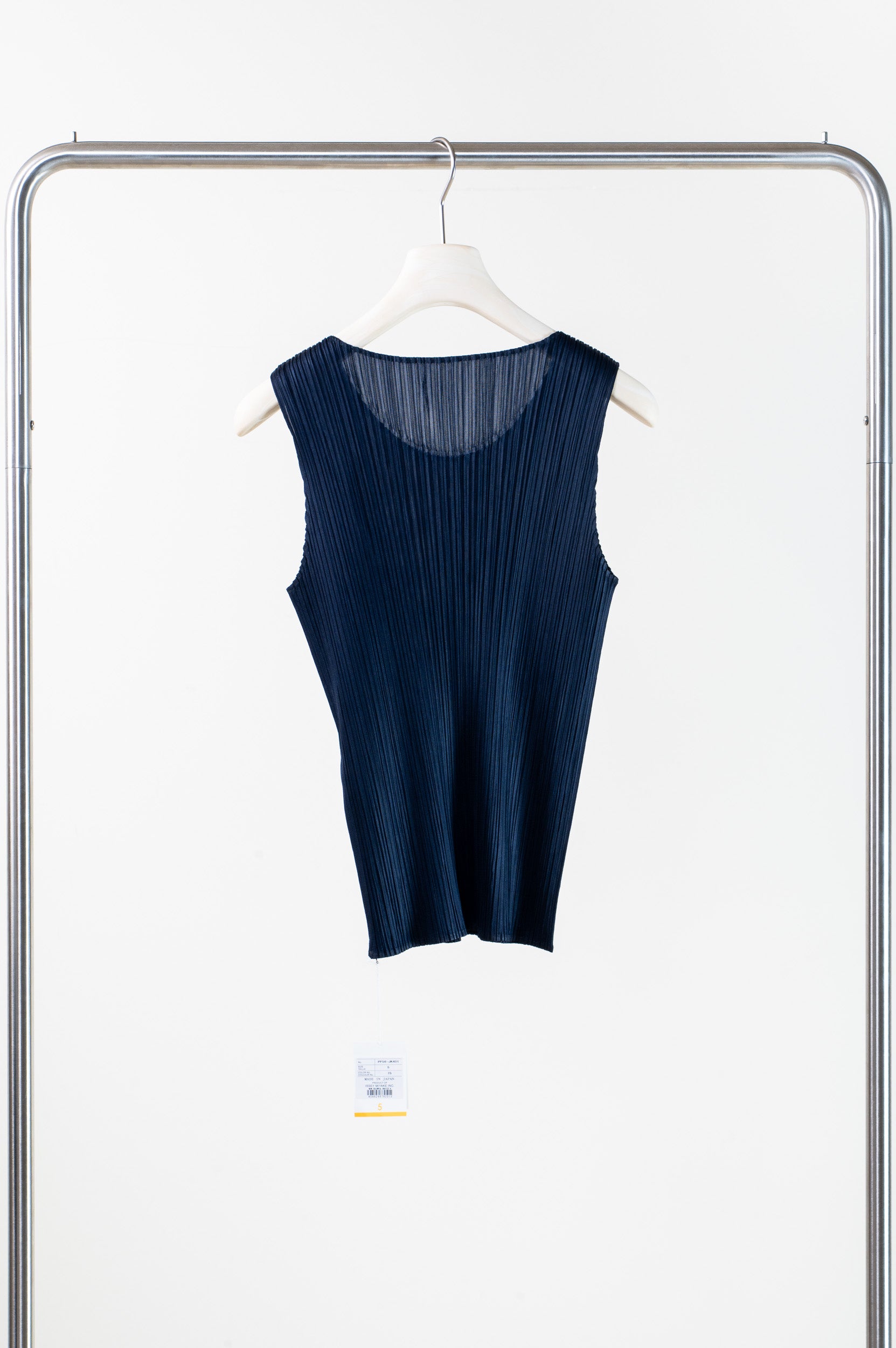 Additional back view of PLEATS PLEASE ISSEY MIYAKE Navy Crew Neck Pleated Tank