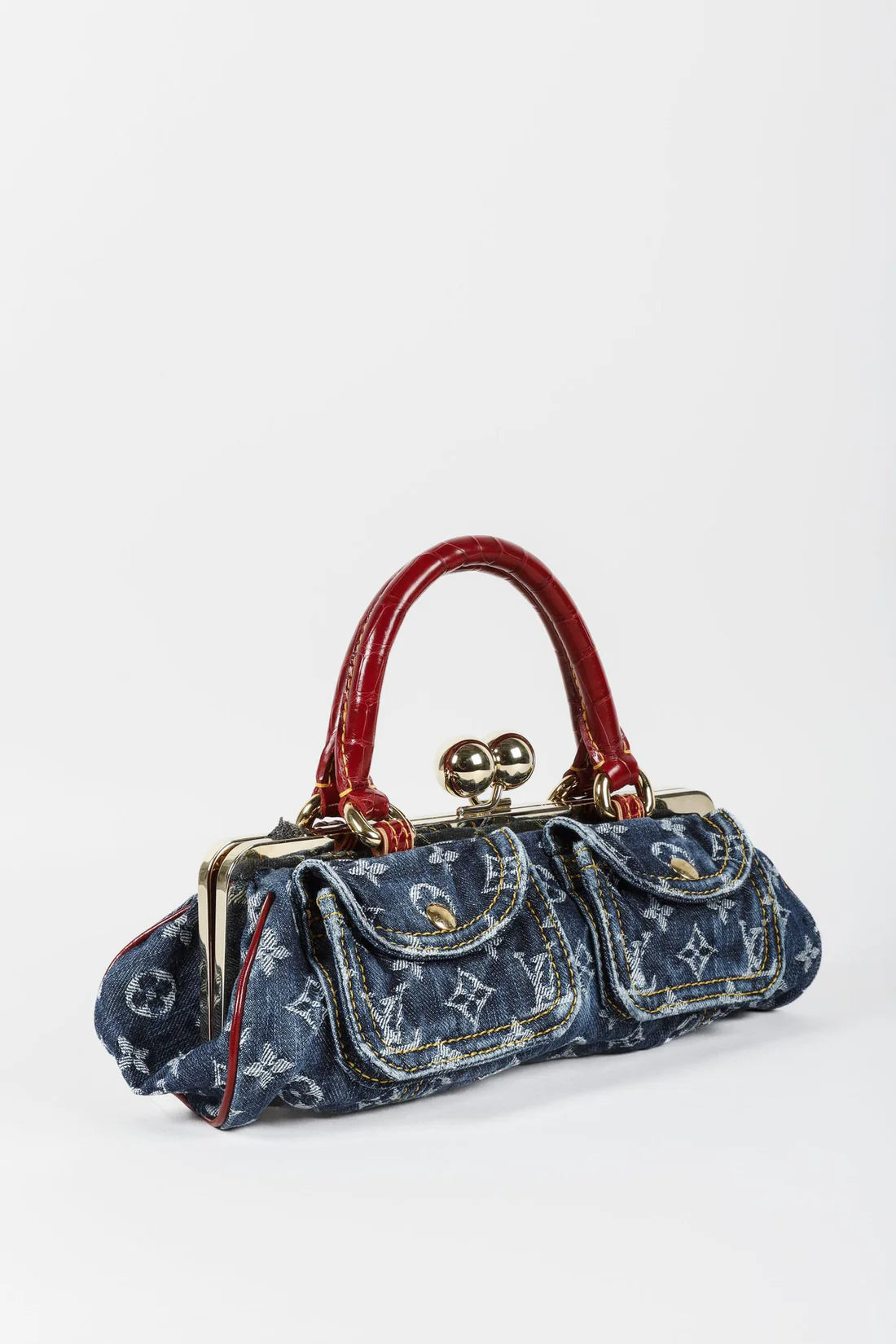 Vintage Monogram Denim Red Alligator Sac Fermoir GM