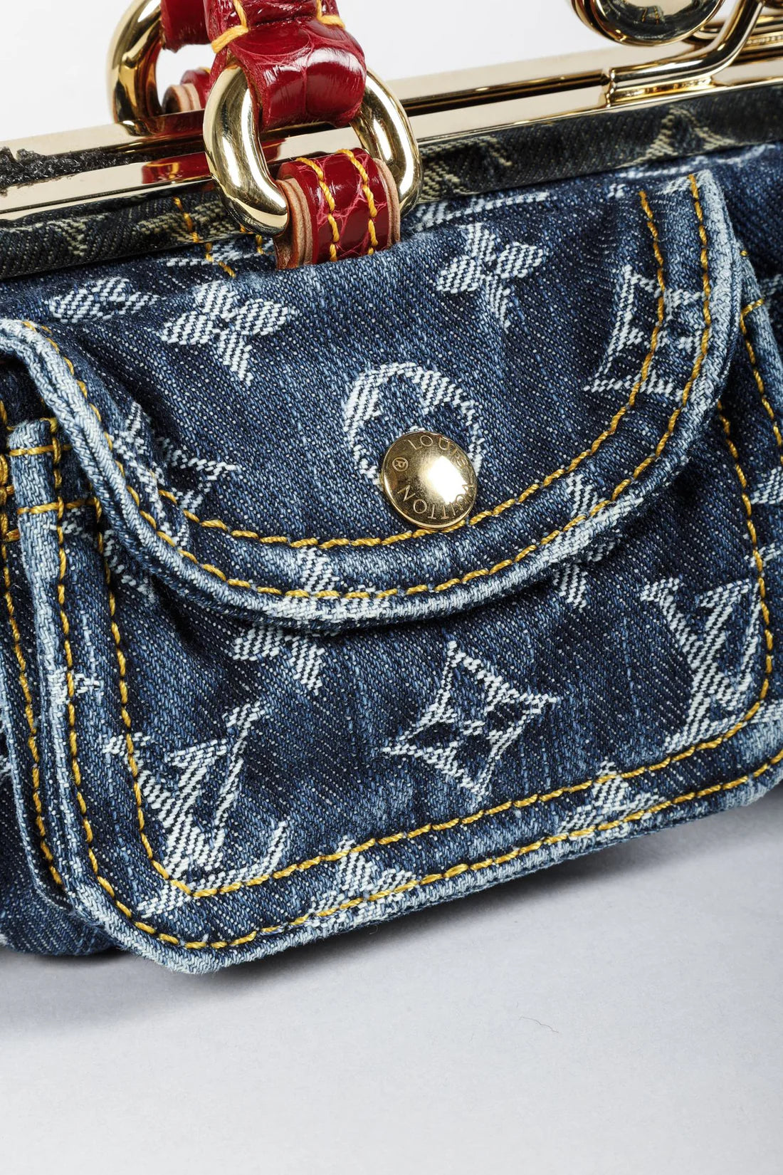 Vintage Monogram Denim Red Alligator Sac Fermoir GM
