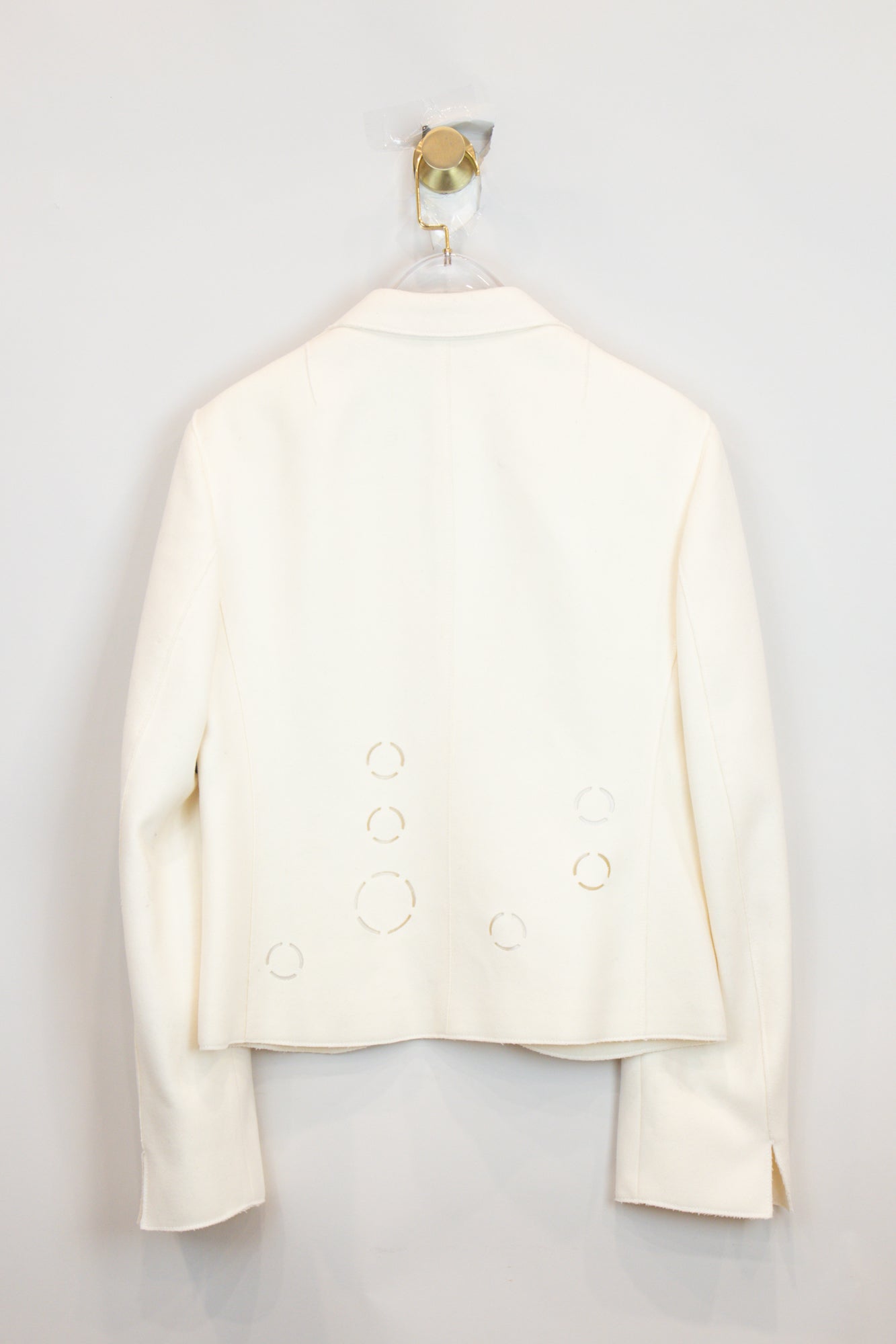 Creme Wool Button Up Lazer Cut Out Circle Blazer