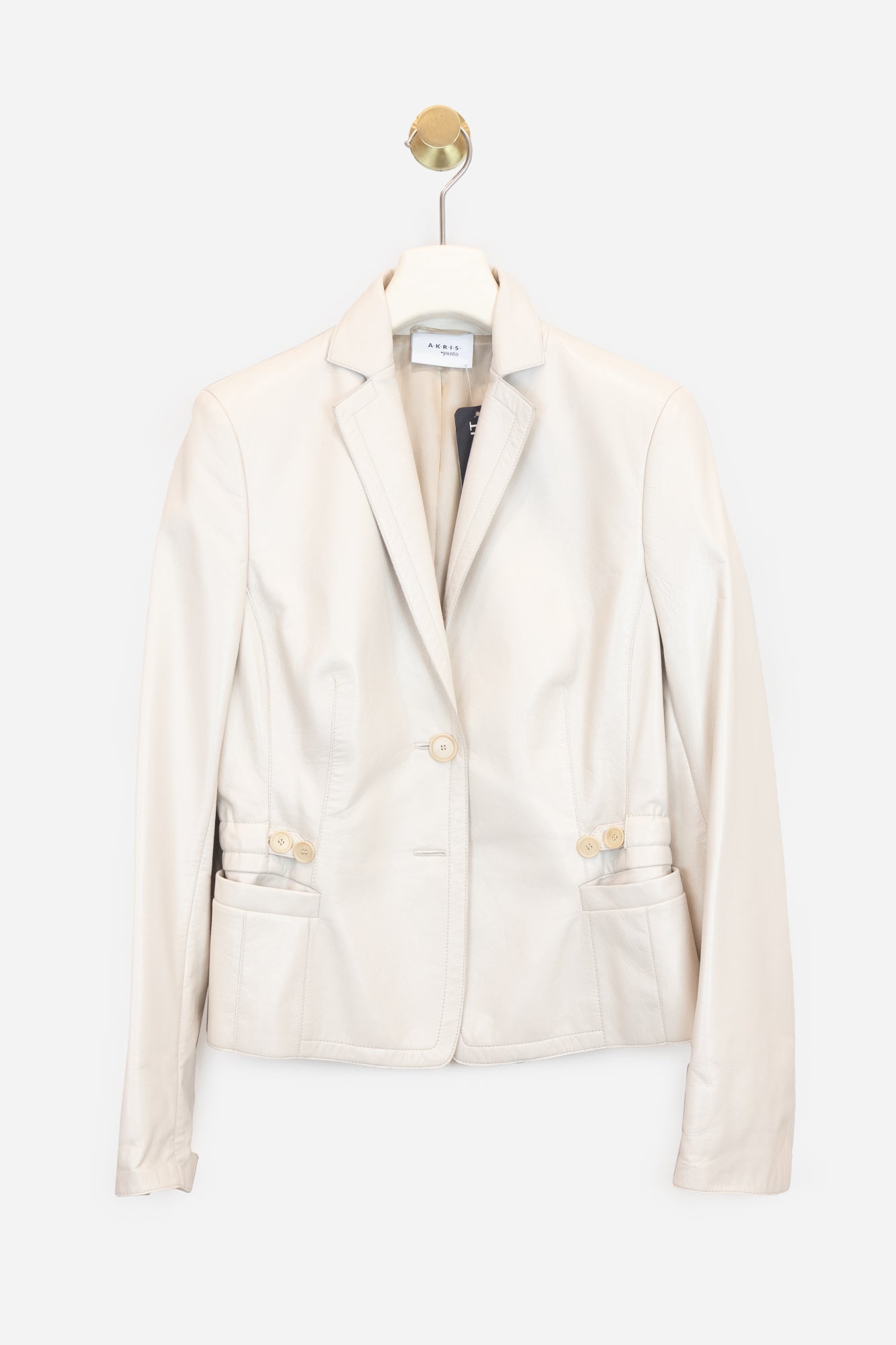 Cream Cinched Waist Collared Leather Jacket Lamb