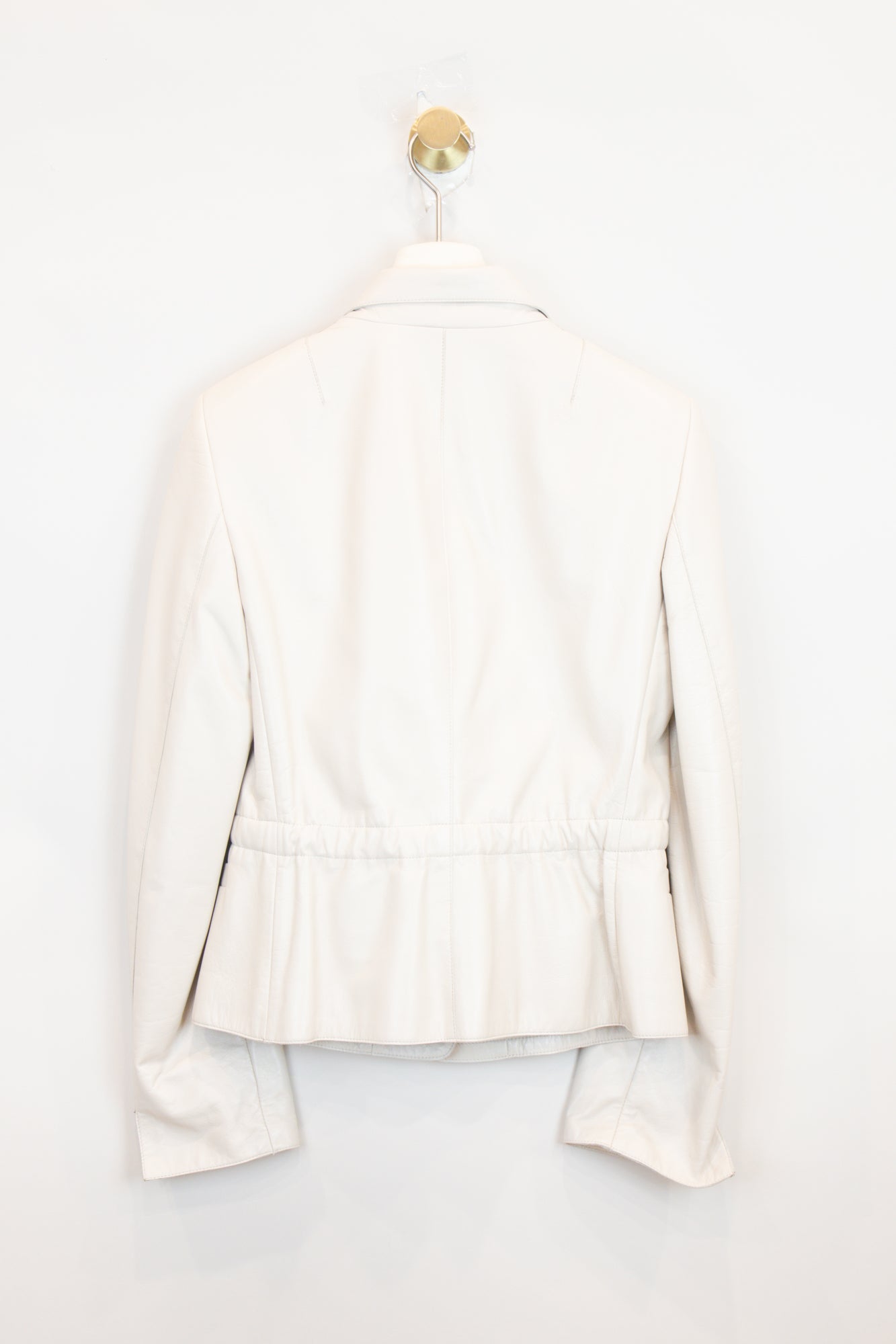 Cream Cinched Waist Collared Leather Jacket Lamb