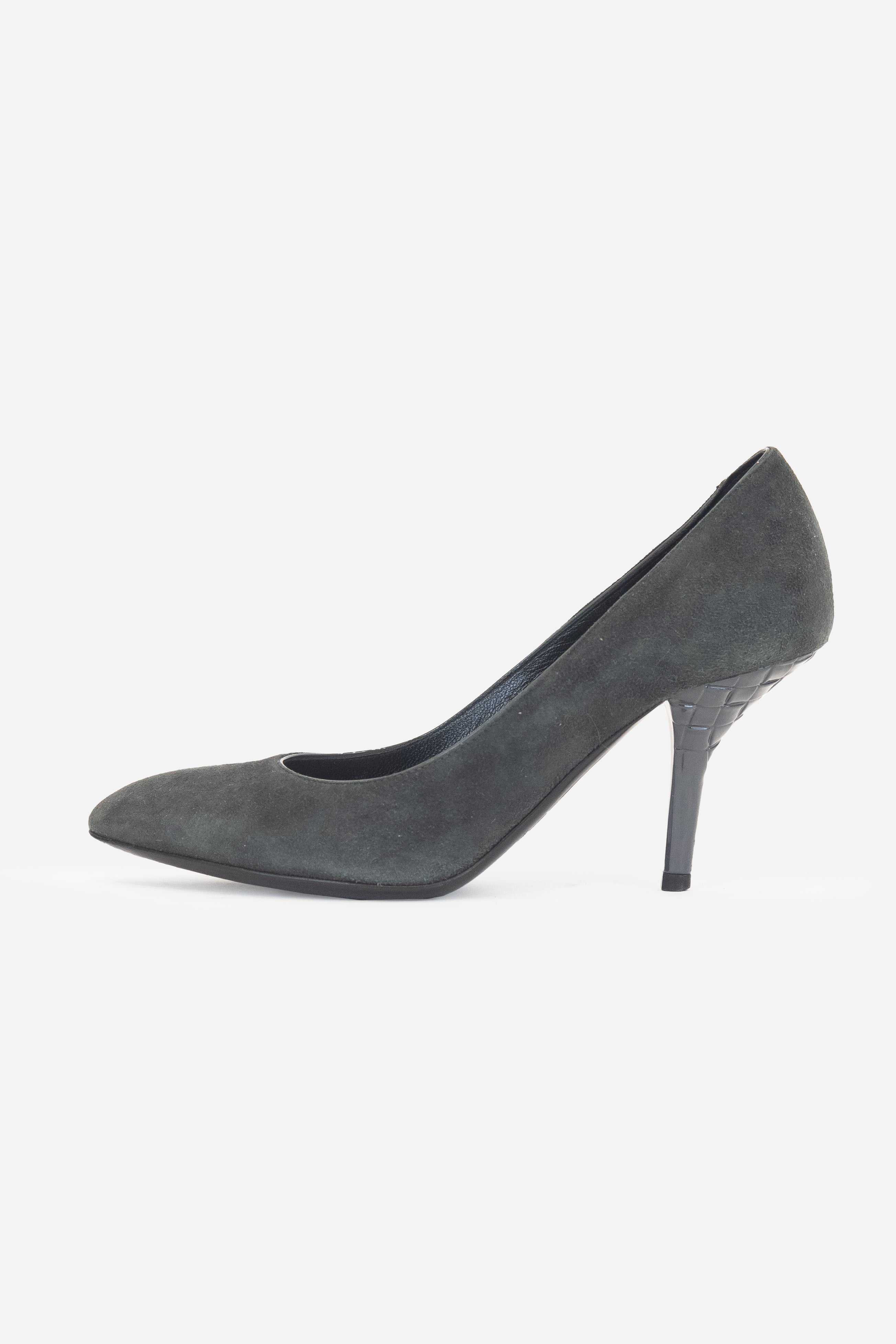 Grey Suede Plastic Weaved Heel Pump Suede