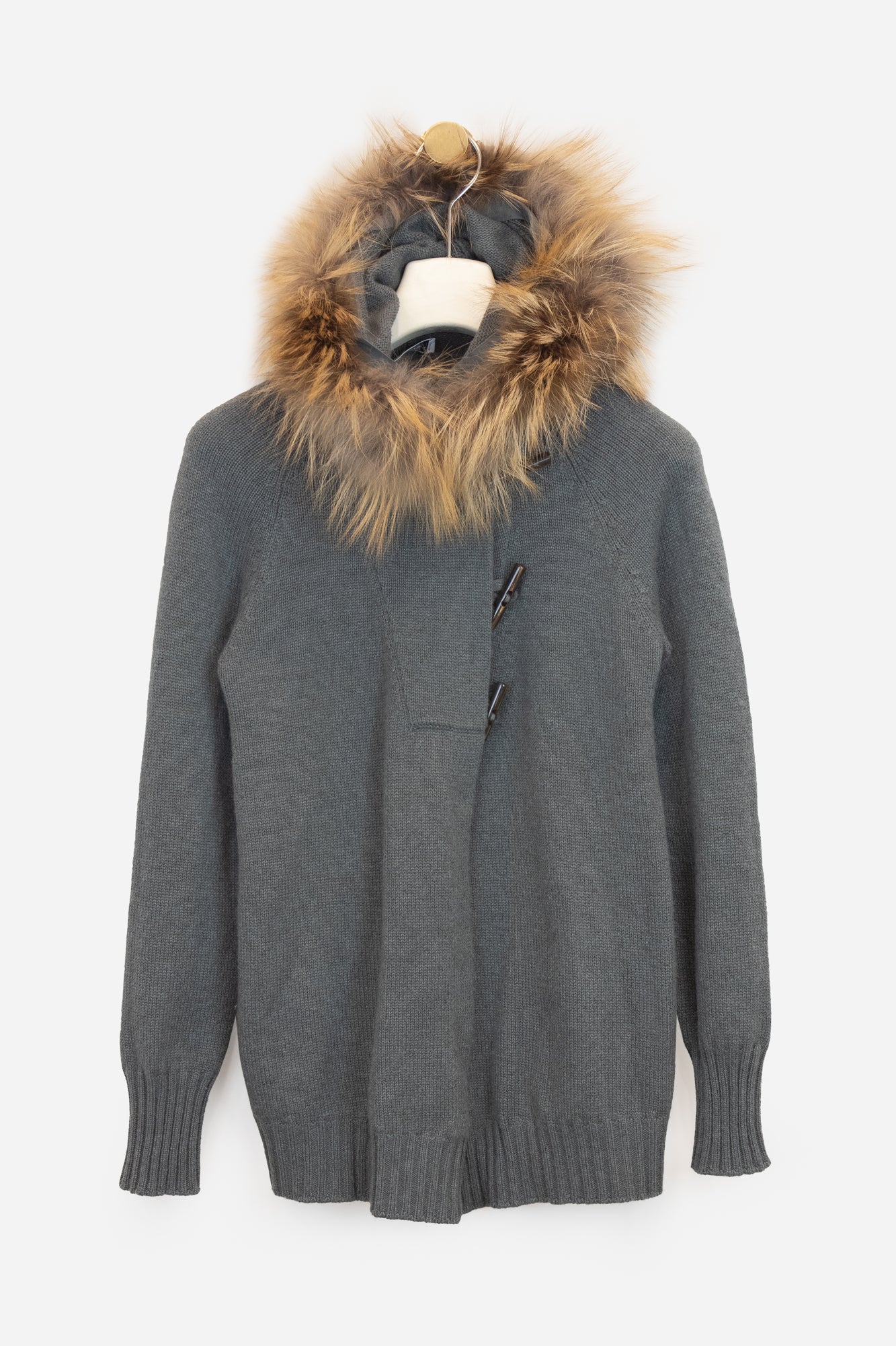 Grey Fur Hooded Toggle Cardigan Cashmere