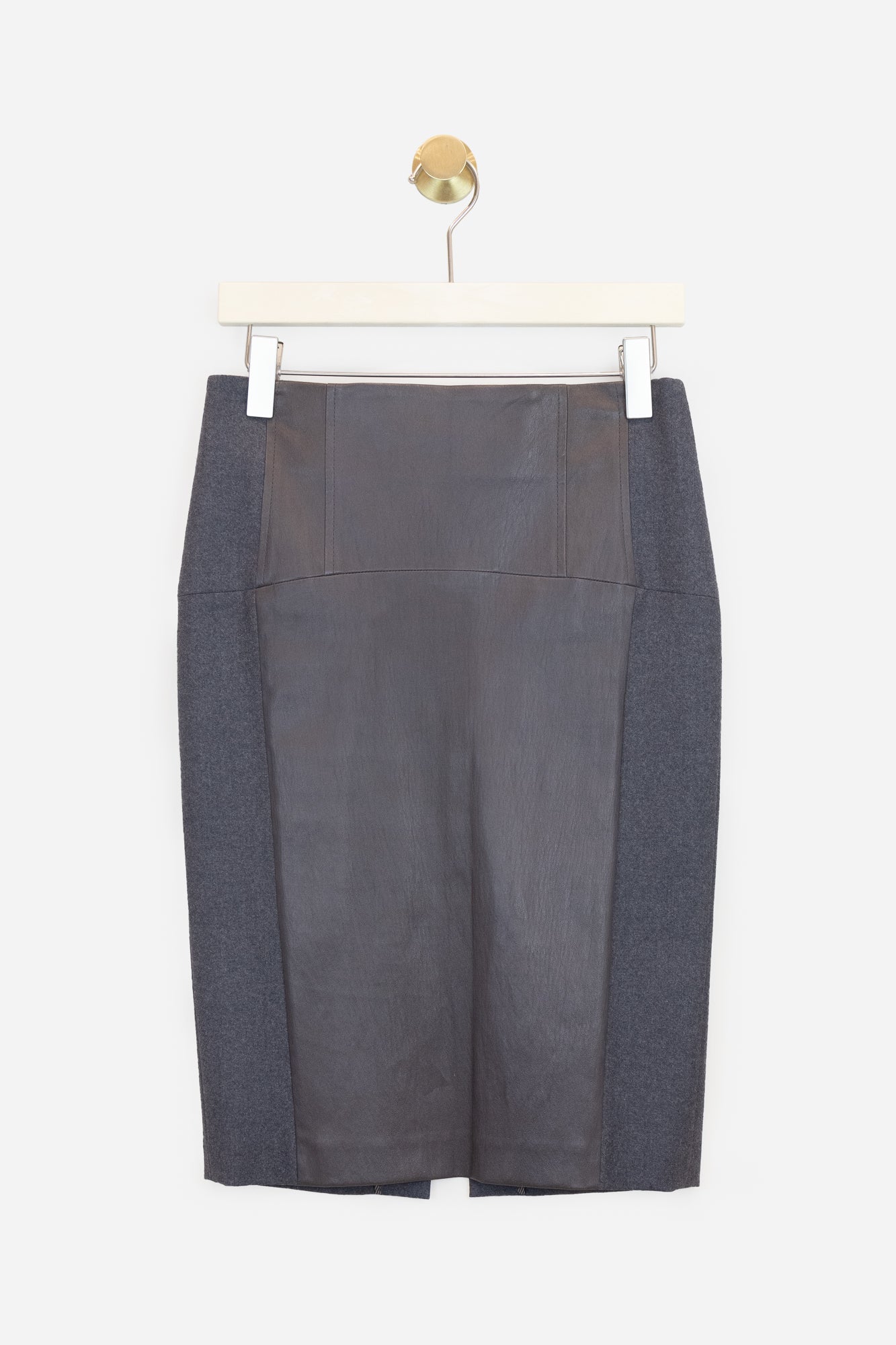 Grey Wool Pencil SKirt W/ Leather Panel Wool 4