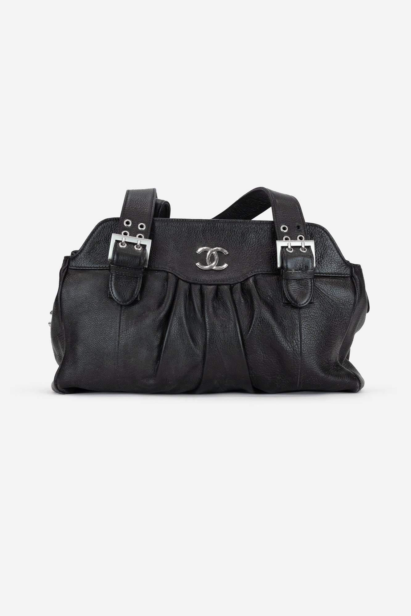 Black Leather Silver Buckle CC Shoulder Bag