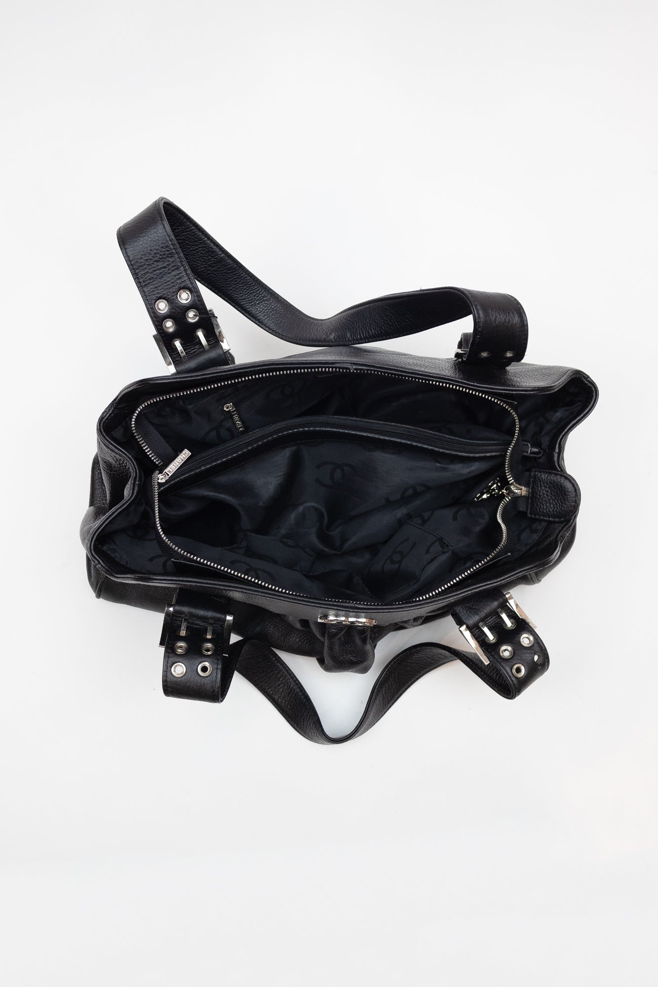 Black Leather Silver Buckle CC Shoulder Bag