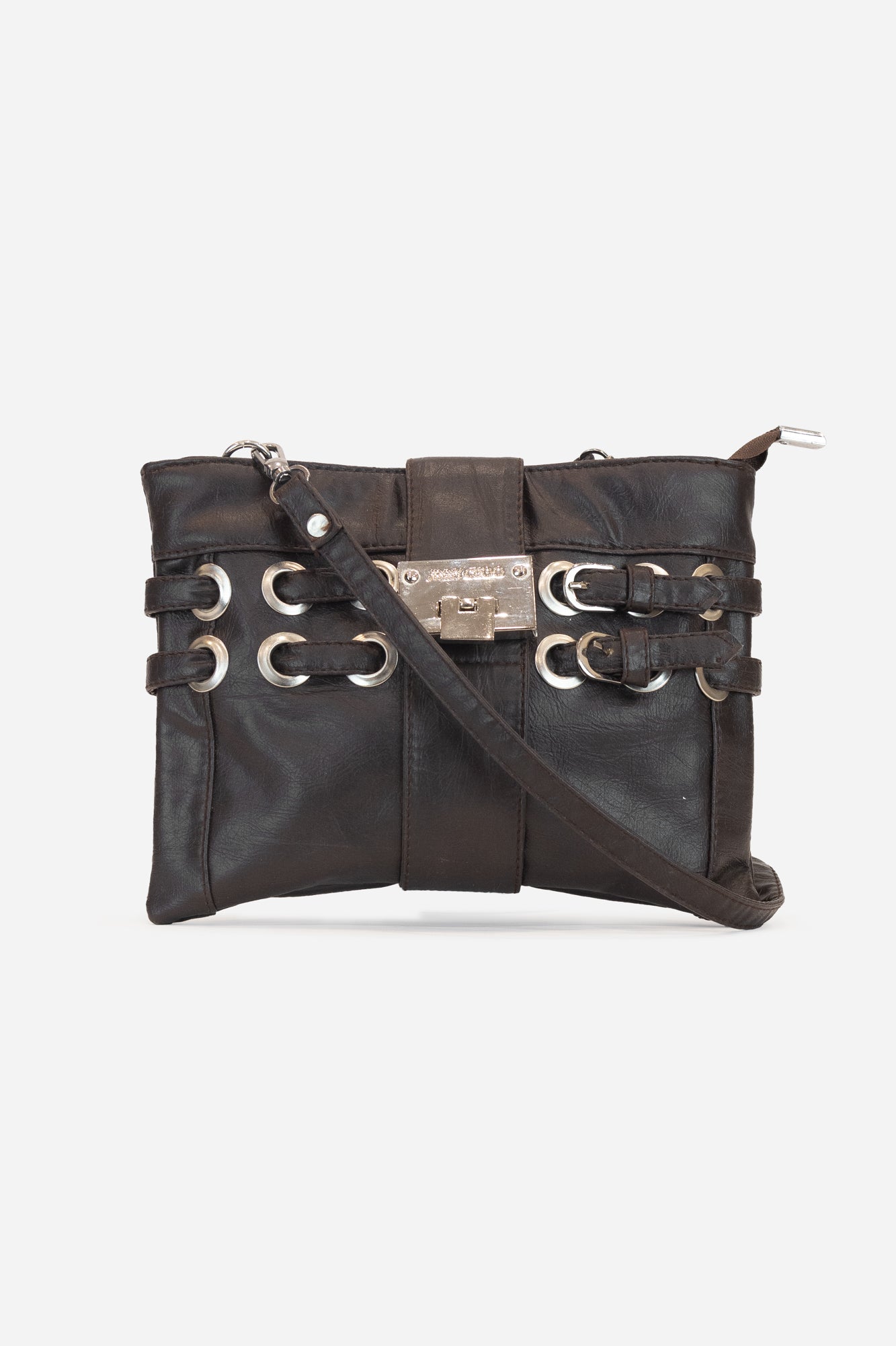 Dark Brown Silver Double Buckle CrossBody Bag Leather