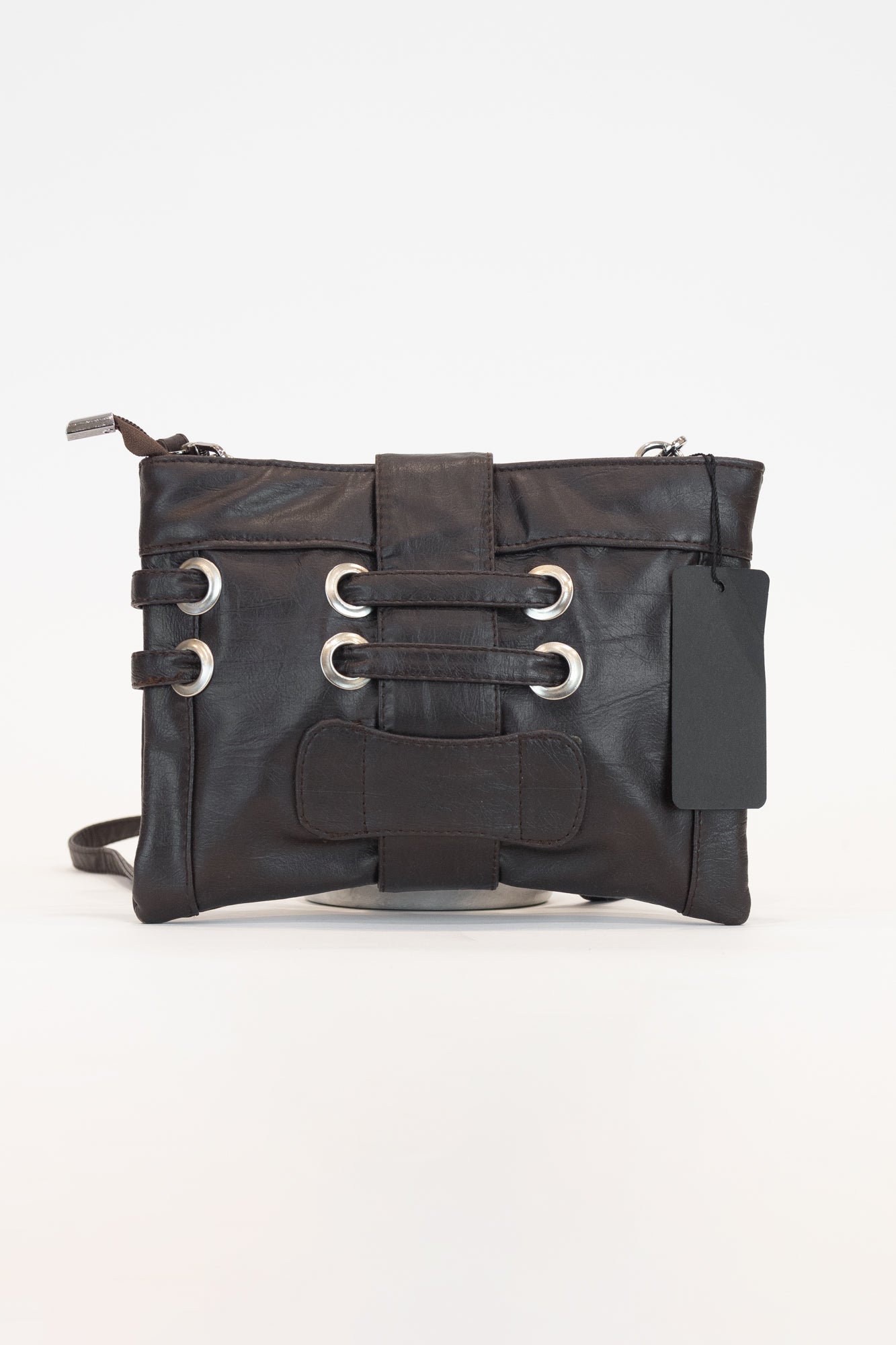 Dark Brown Silver Double Buckle CrossBody Bag Leather