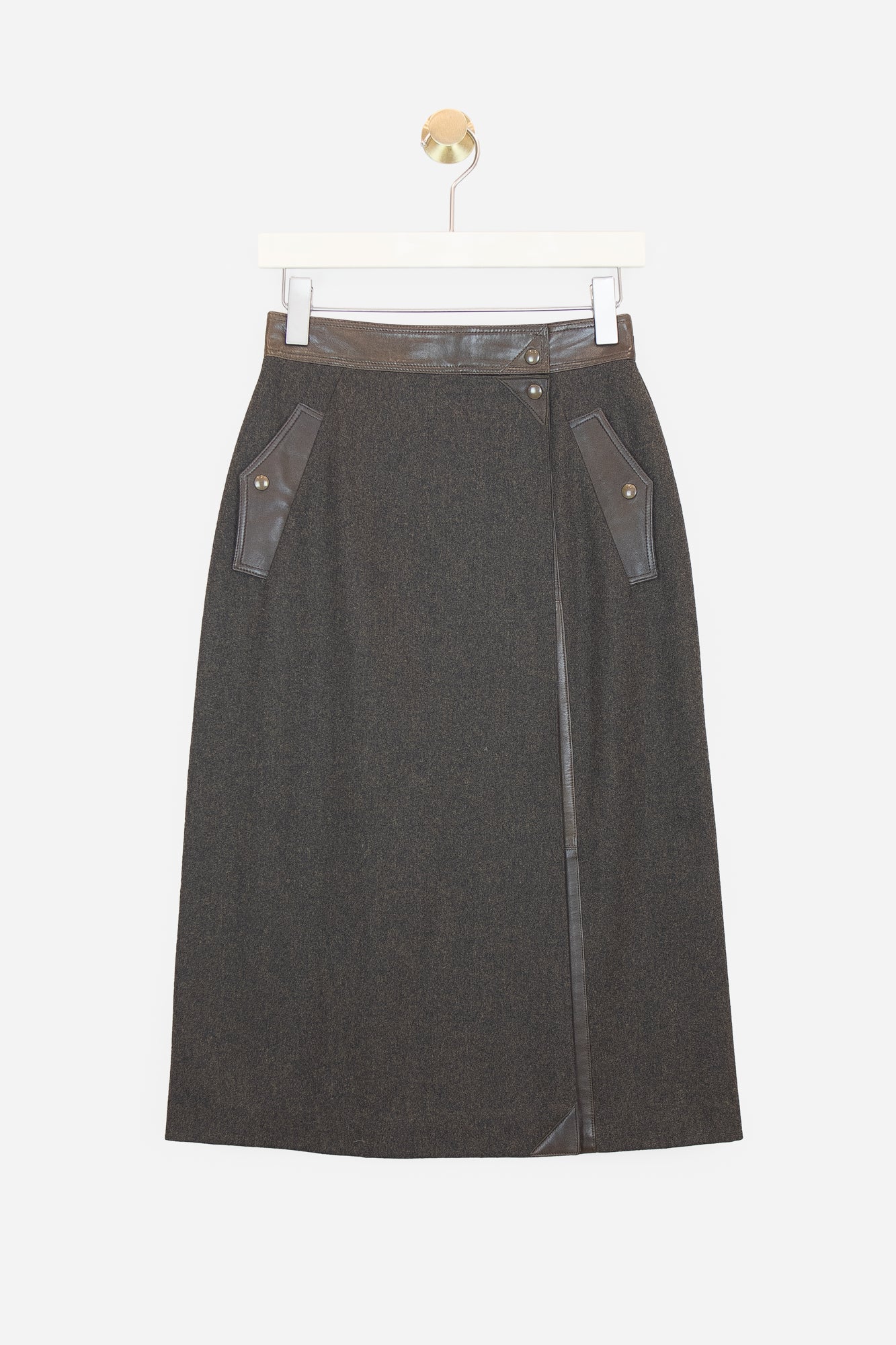 Brown Leather And Wool Midi Flap Skirt Wool/Leather