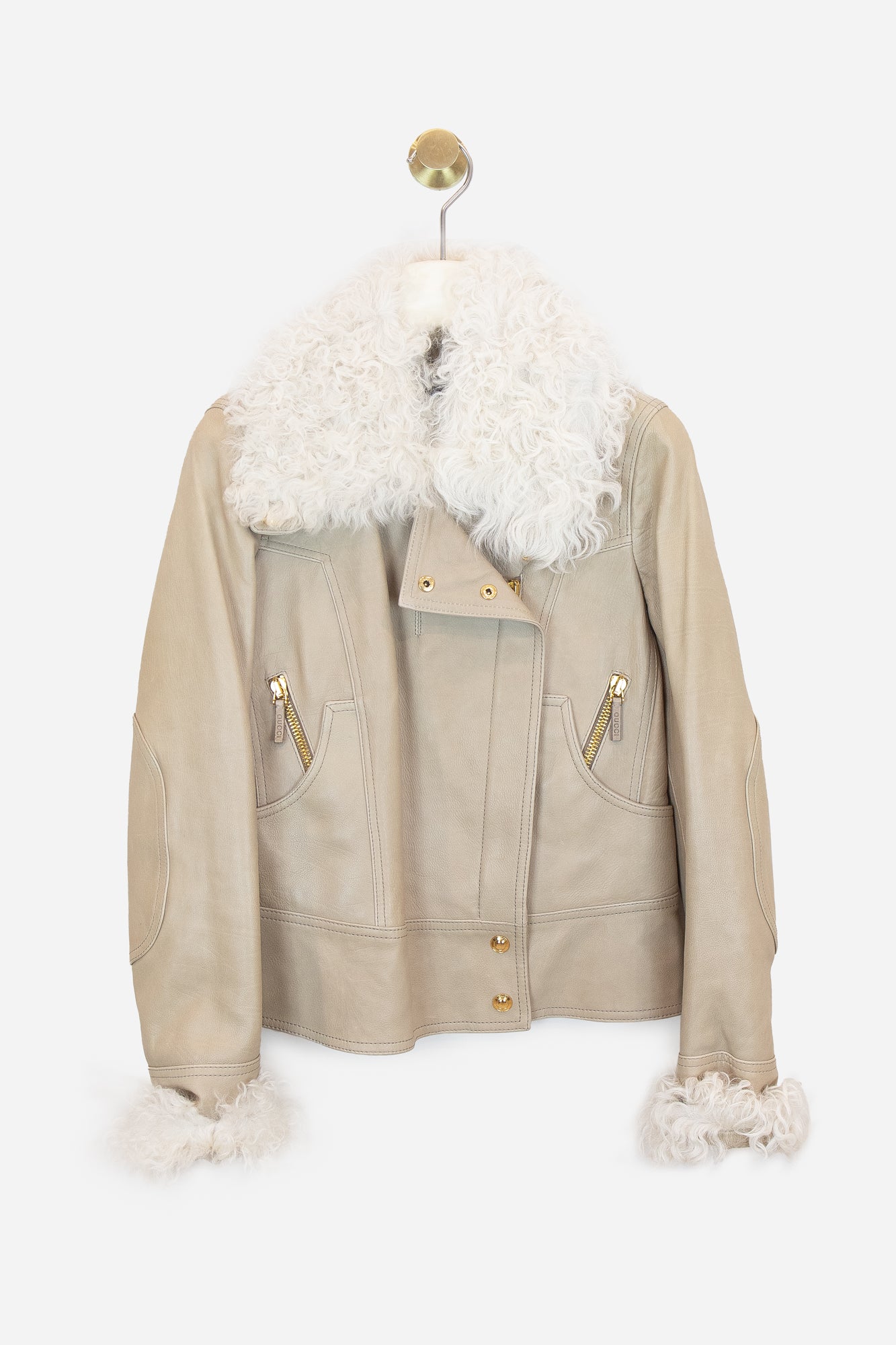 Beige Cropped Leather Jacket With Fur Collar Leather/Shearling