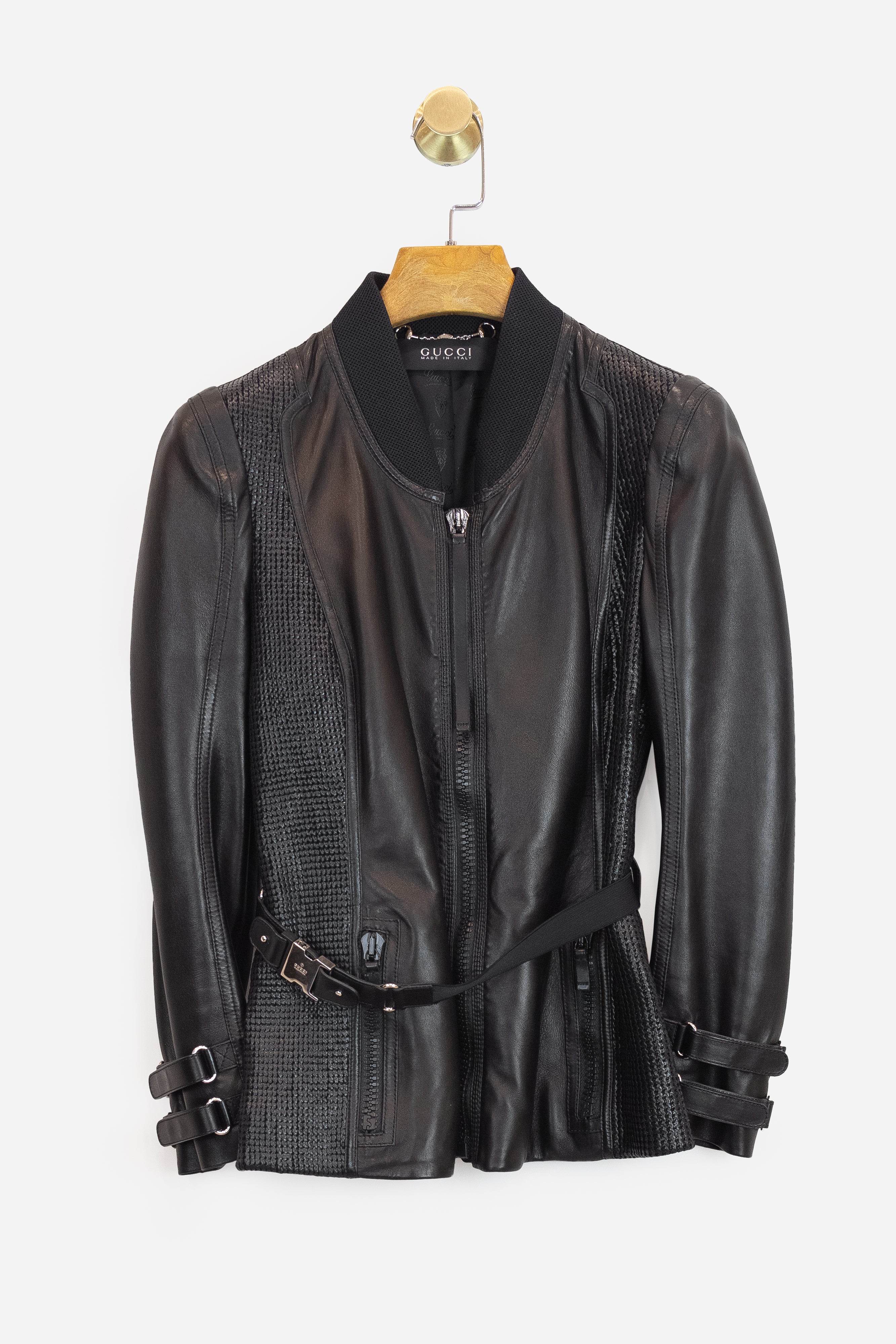 Black Textured Side Buckle Sleeve Leather Jacket  Leather