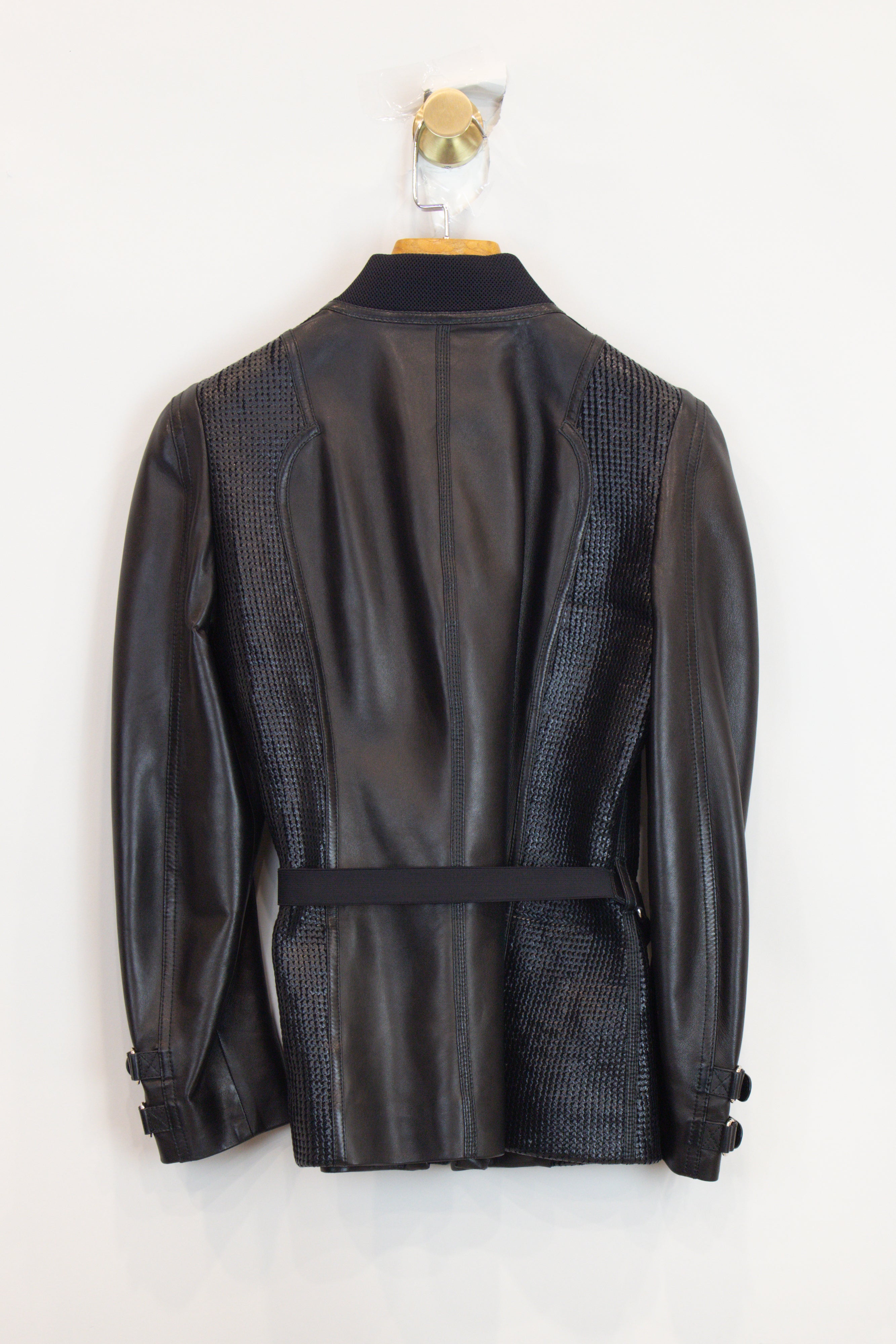 Black Textured Side Buckle Sleeve Leather Jacket  Leather