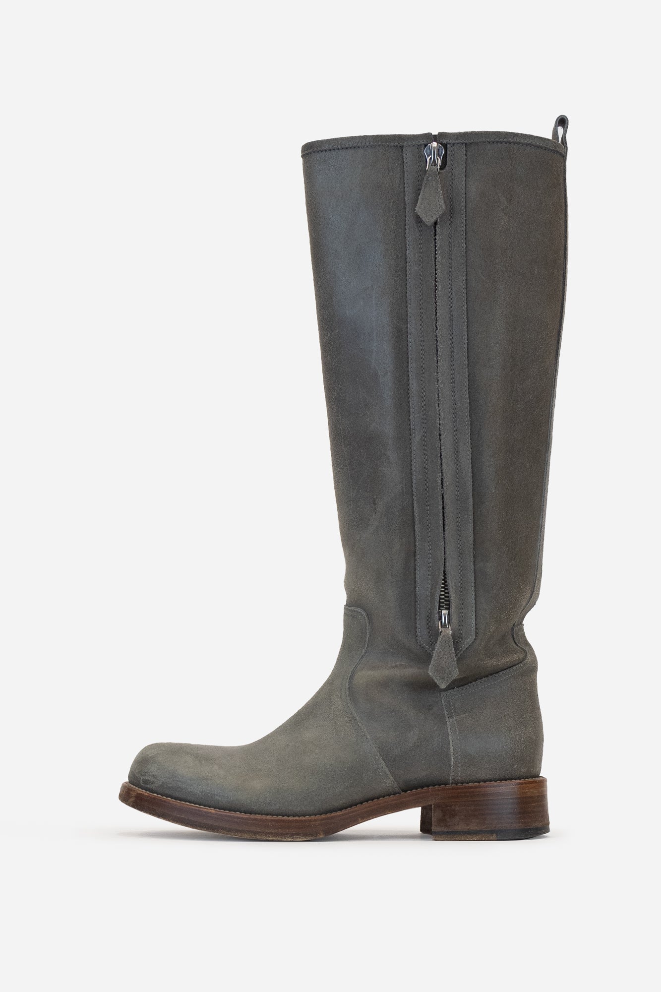 Washed Grey Leather Knee High Double Zip Boot