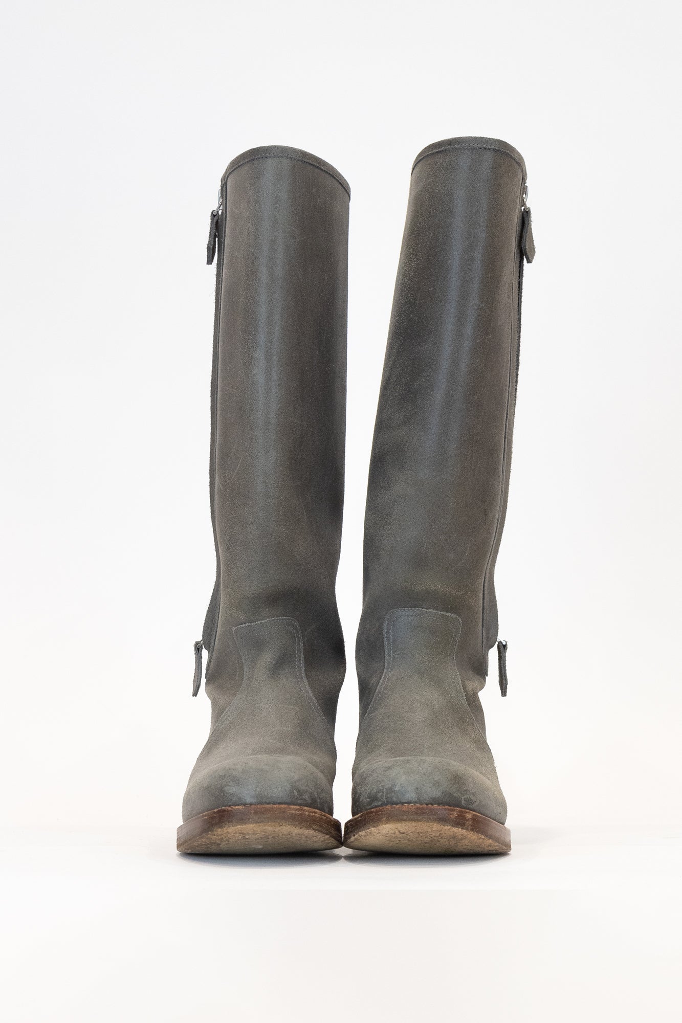 Washed Grey Leather Knee High Double Zip Boot