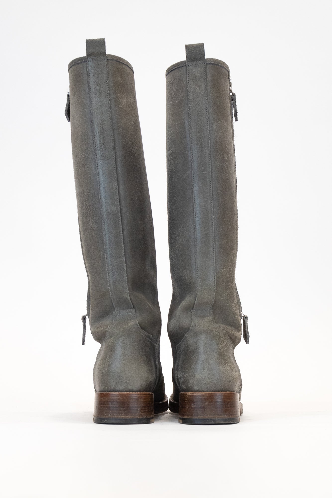 Washed Grey Leather Knee High Double Zip Boot