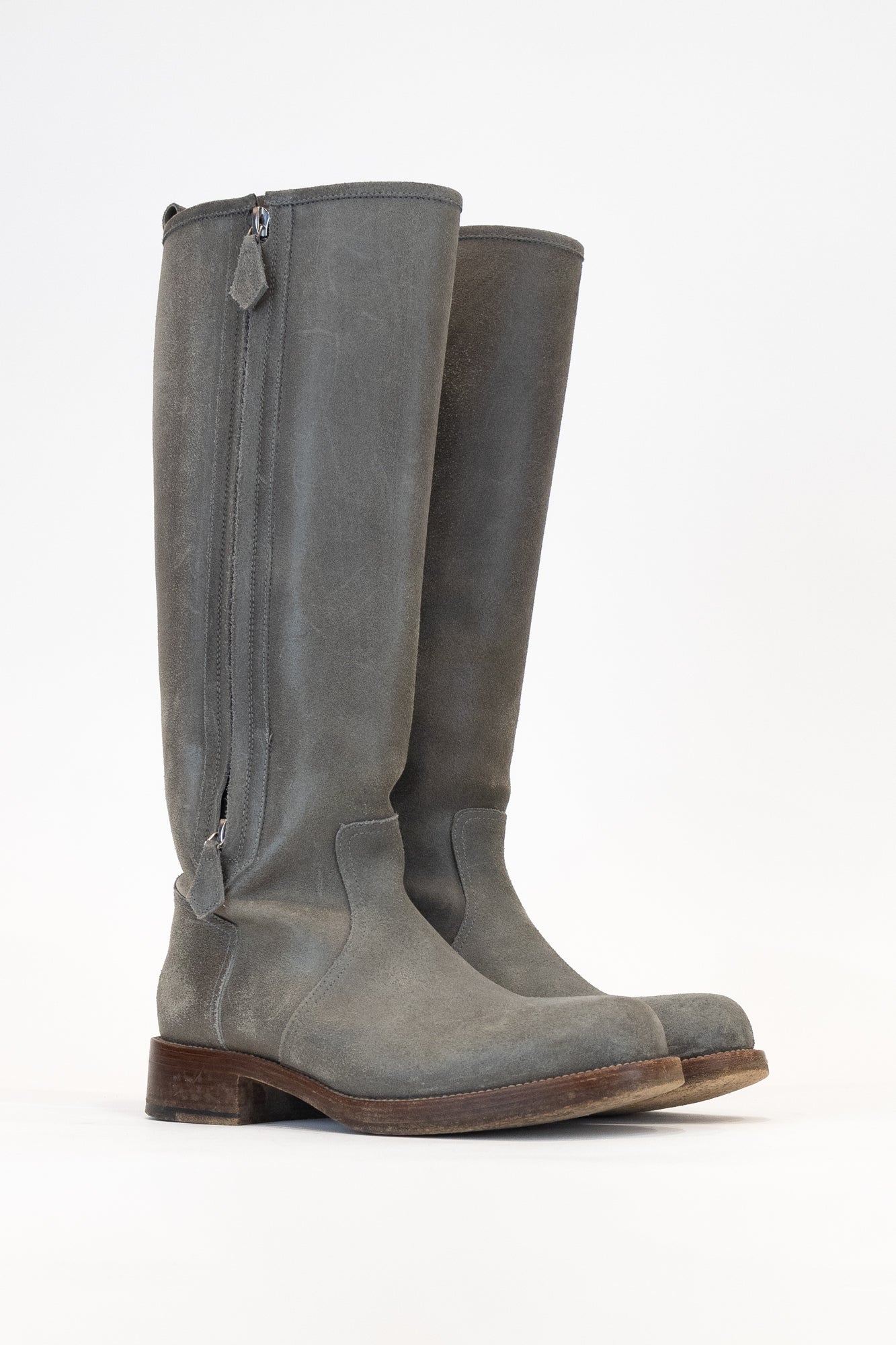 Washed Grey Leather Knee High Double Zip Boot