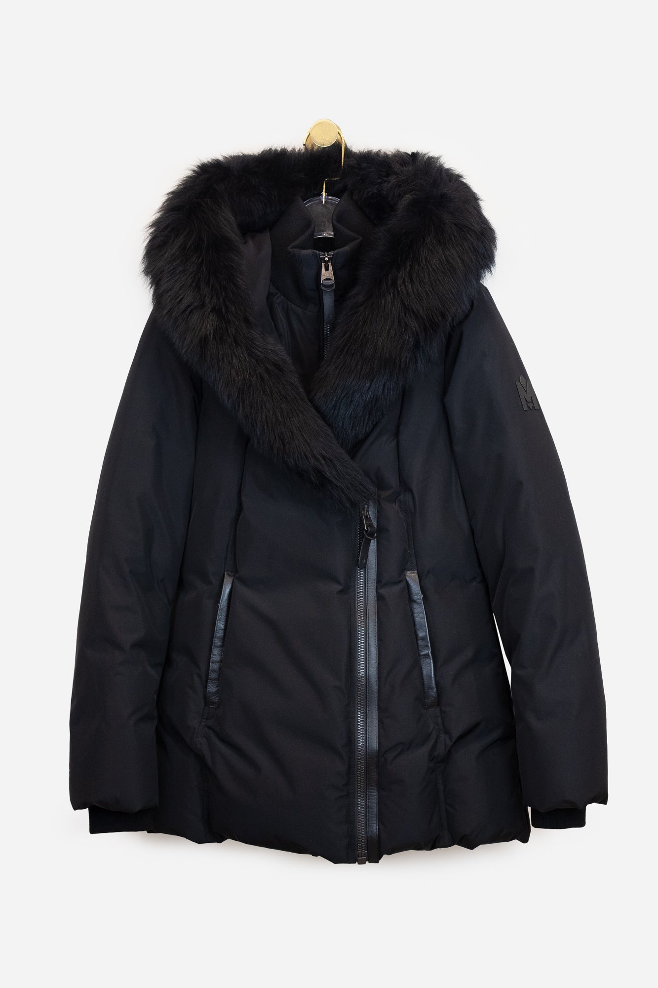 Black Fur Trim Asymmetrical Zip Puffer Jacket