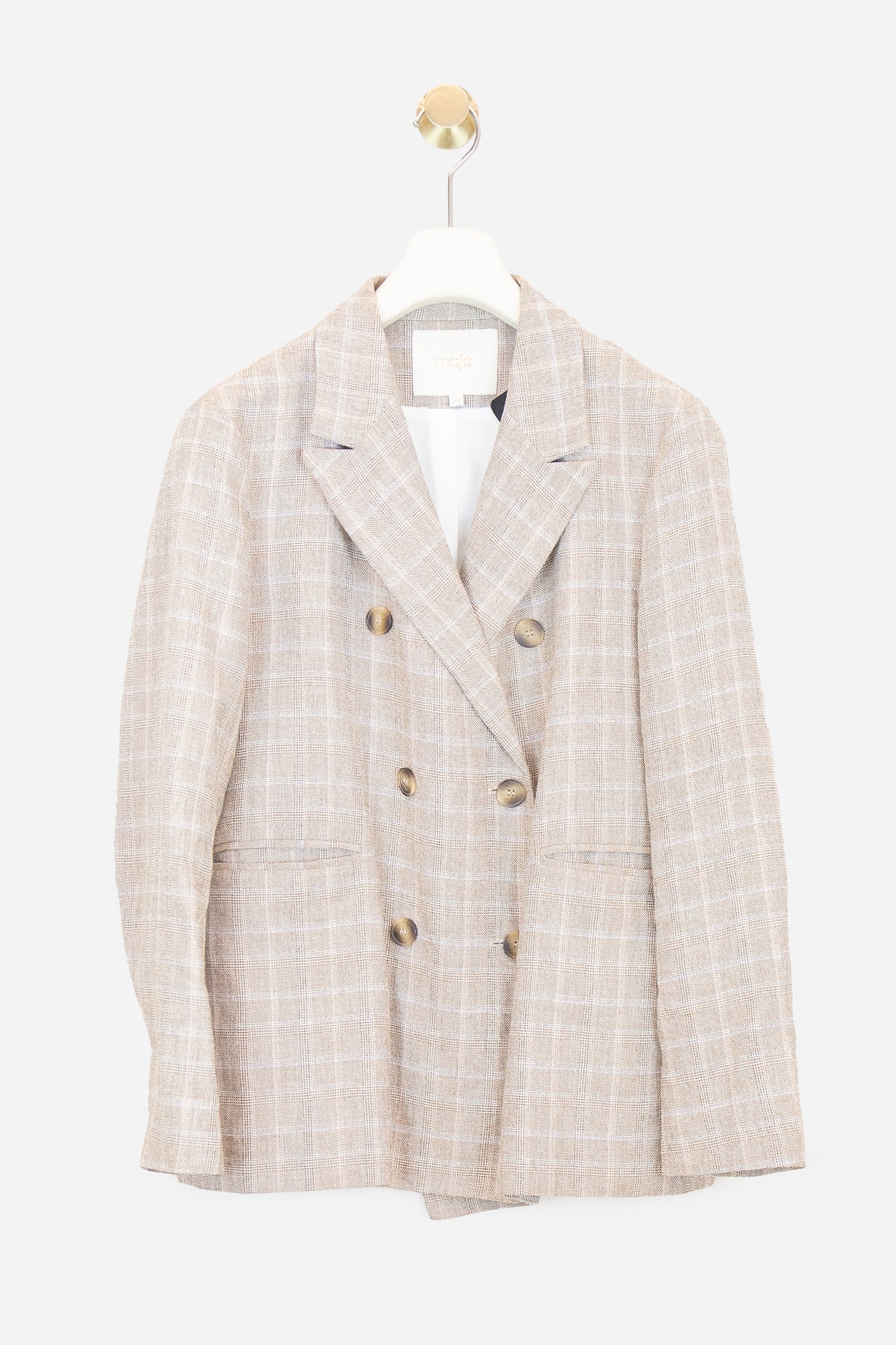 Beige Plaid Blazer Jacket Viscose/Linen