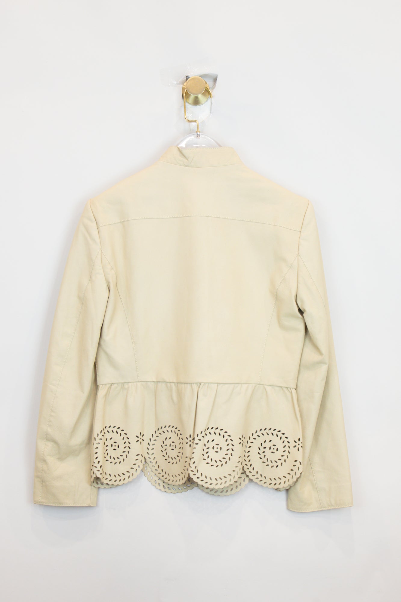 Beige Laser Cut Bottom Trim Leather Jacket