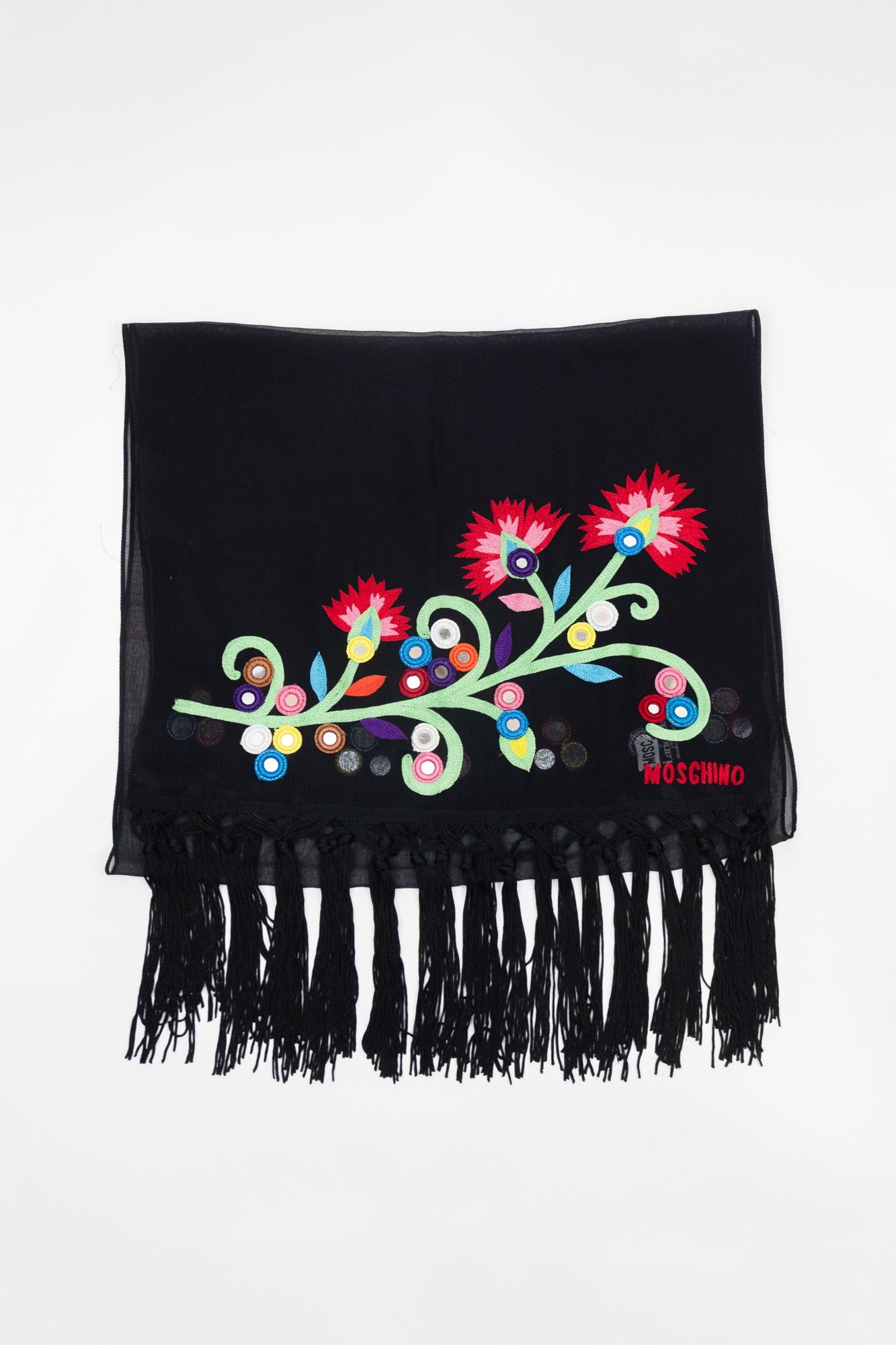 Black Shear Tassel Scarf Embroidered Flowers